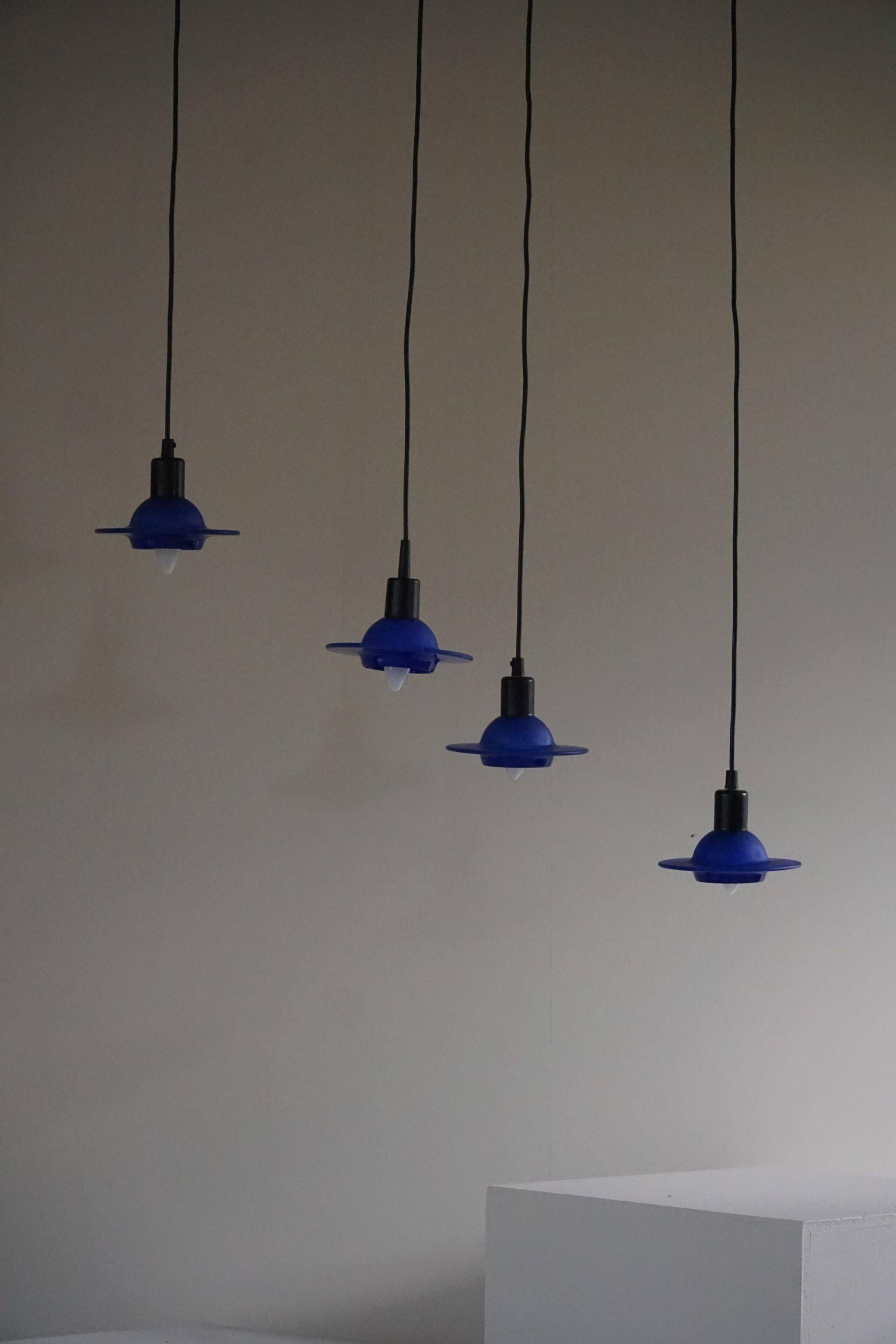 Set of 4 vintage blue glass pendants, made by Design Light A/S, Denmark, 1990s.