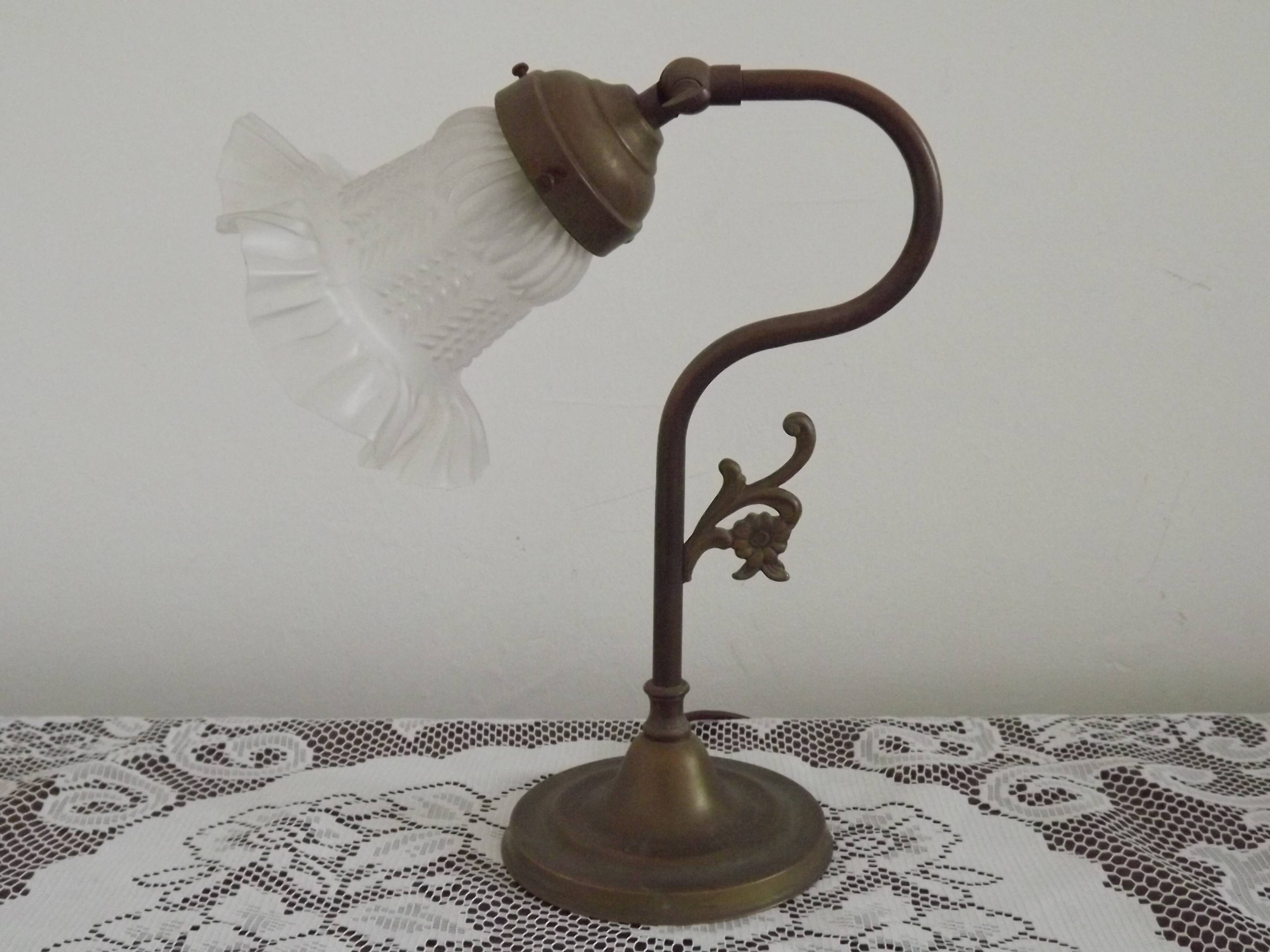 Vintage French Brass Anglepoise Table Lamp with Opaque Patterned Glass Shade 5087