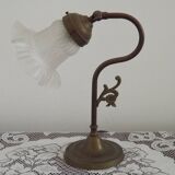 Vintage French Brass Anglepoise Table Lamp With Opaque Patterned Glass Shade 5087