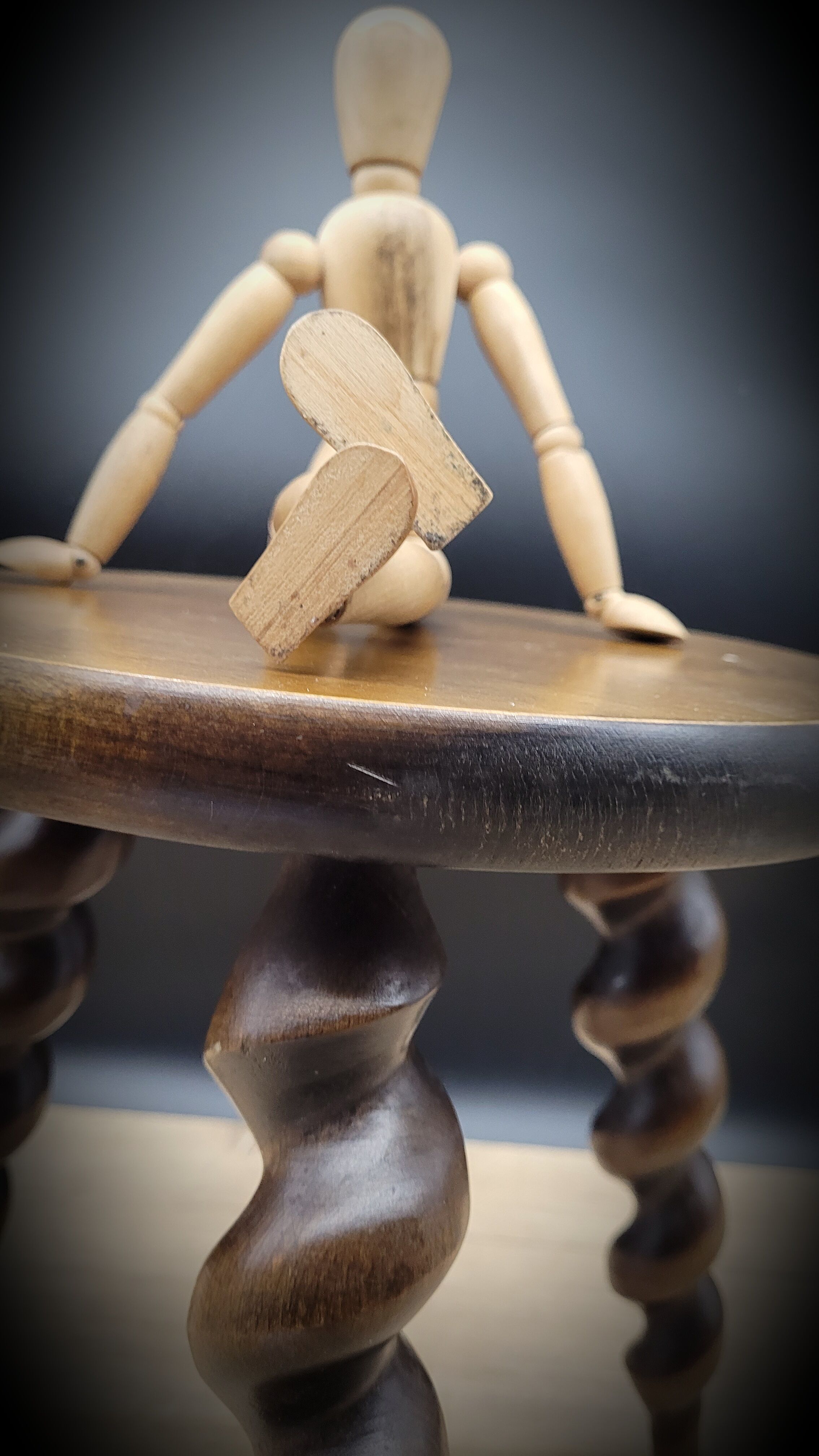 Turned wood tripod stool