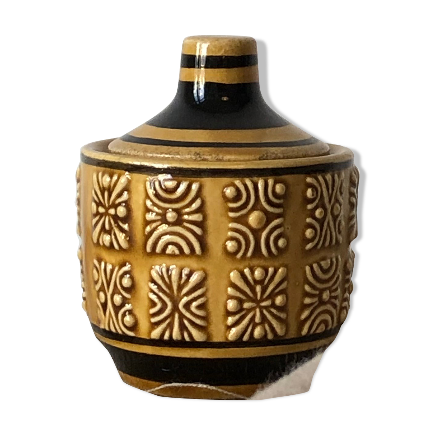 Decorative jar with honey or mustard, sugar, numbered 3052, mustard yellow and black relief pattern