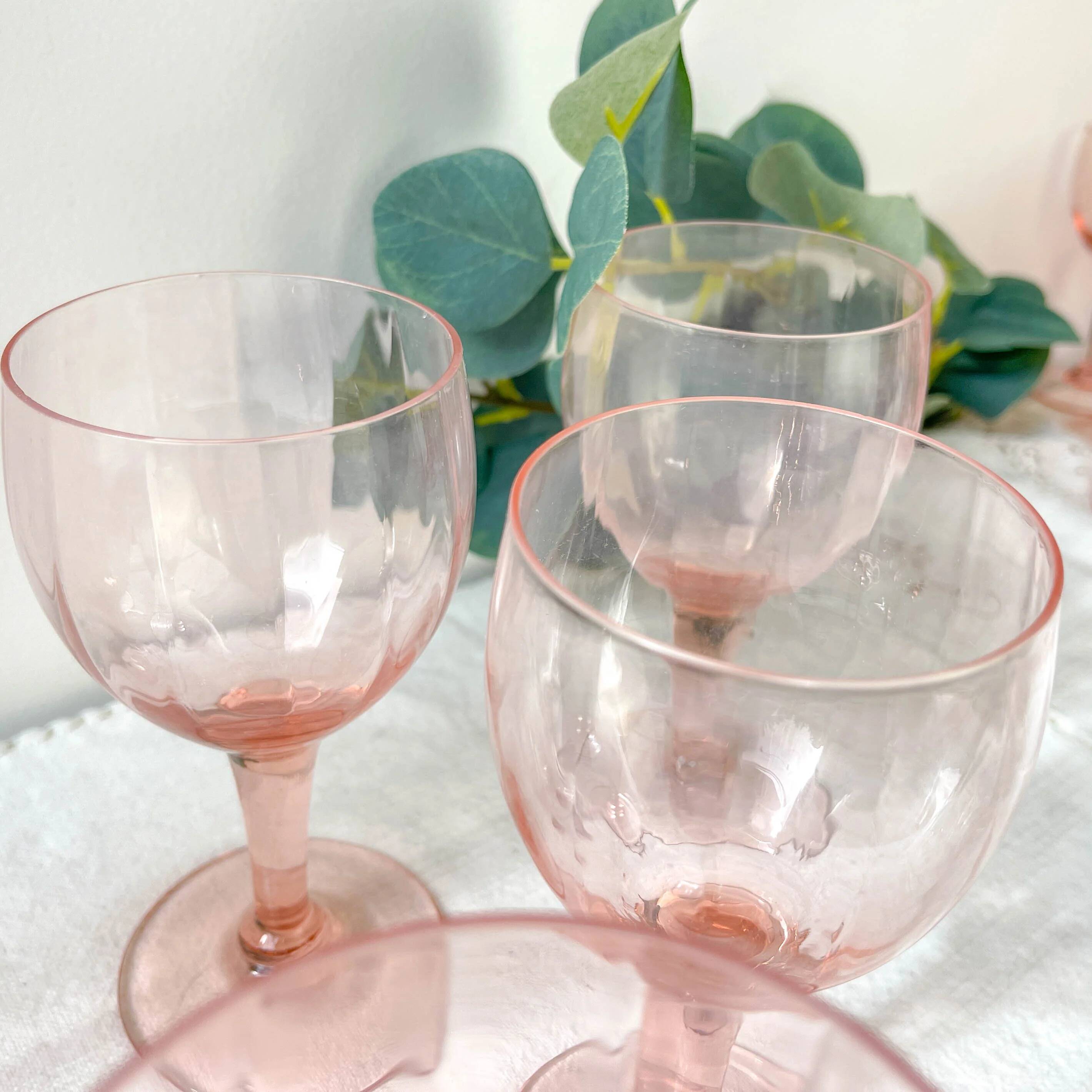 7 vintage pink faceted glass water glasses from the 1950s