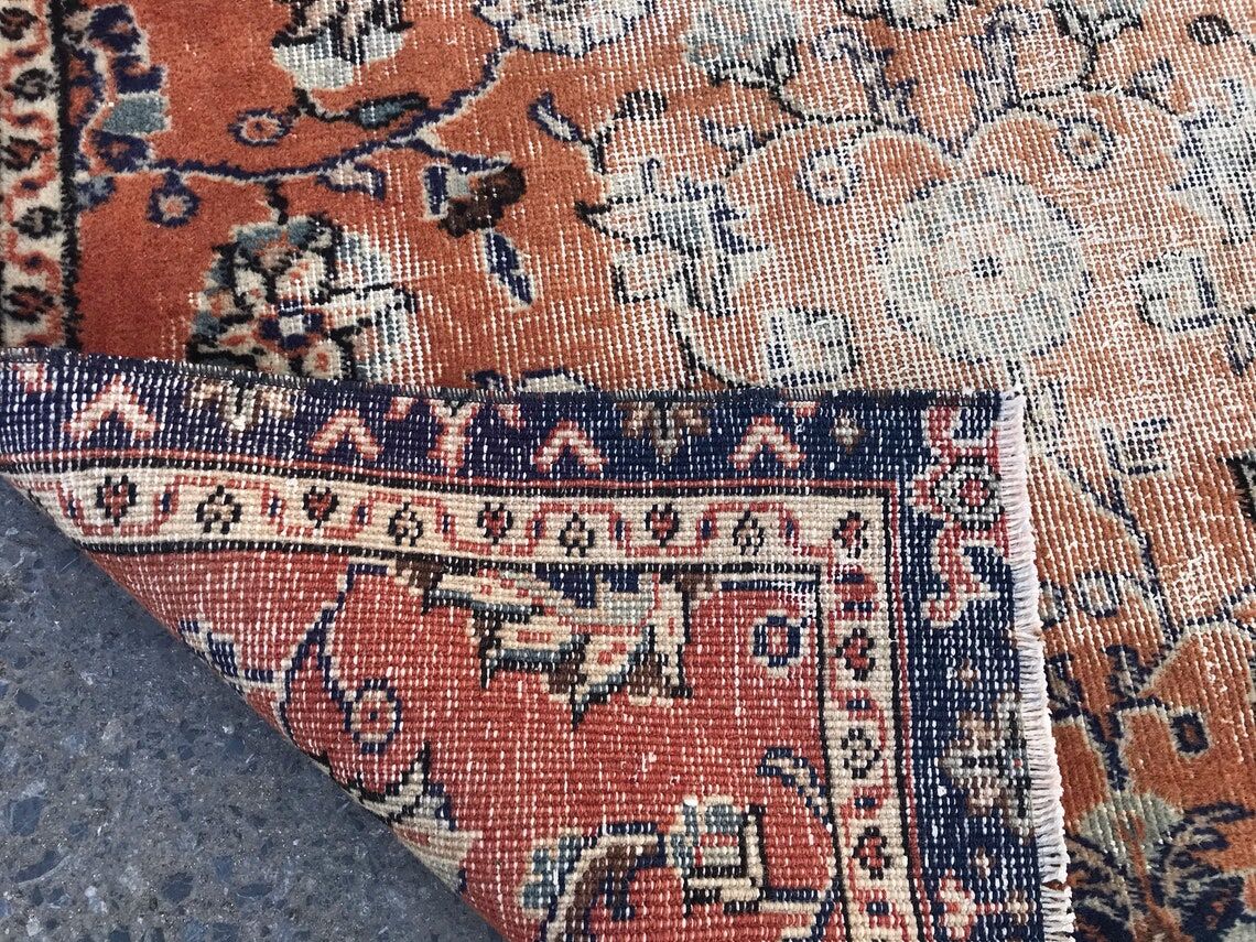 Orange and Blue Handmade Oushak Rug with Flowers