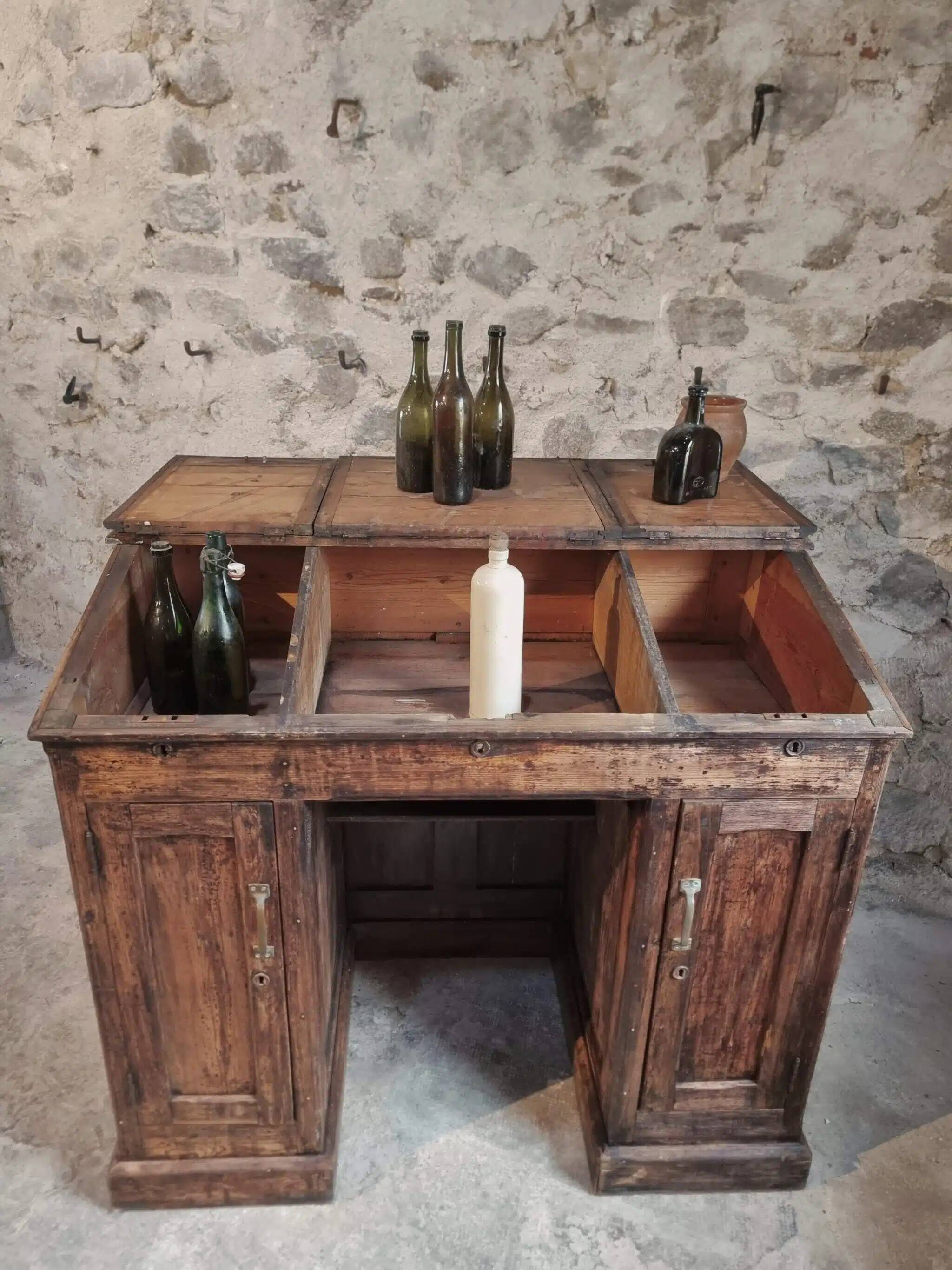 Antique French pine desk – 1880, bar/counter unit with drop-leaf compartments – 65×120×106 cm