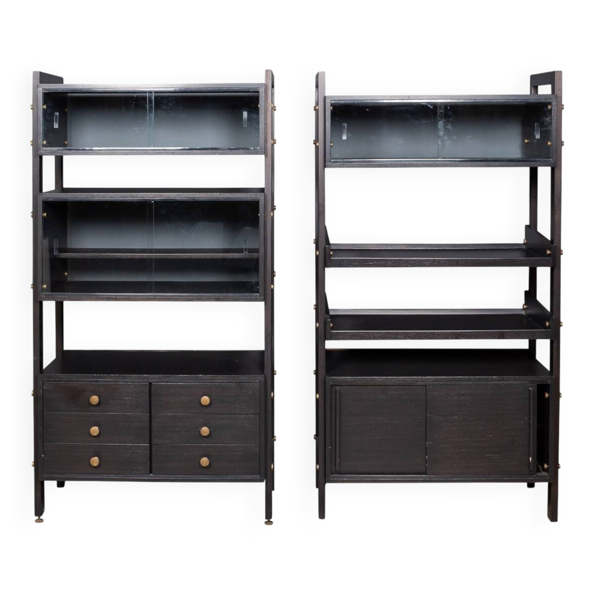 Striking 20thc italian ebonised etageres with open back & storage c.1970