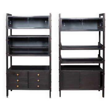 Striking 20thc italian ebonised etageres with open back & storage c.1970