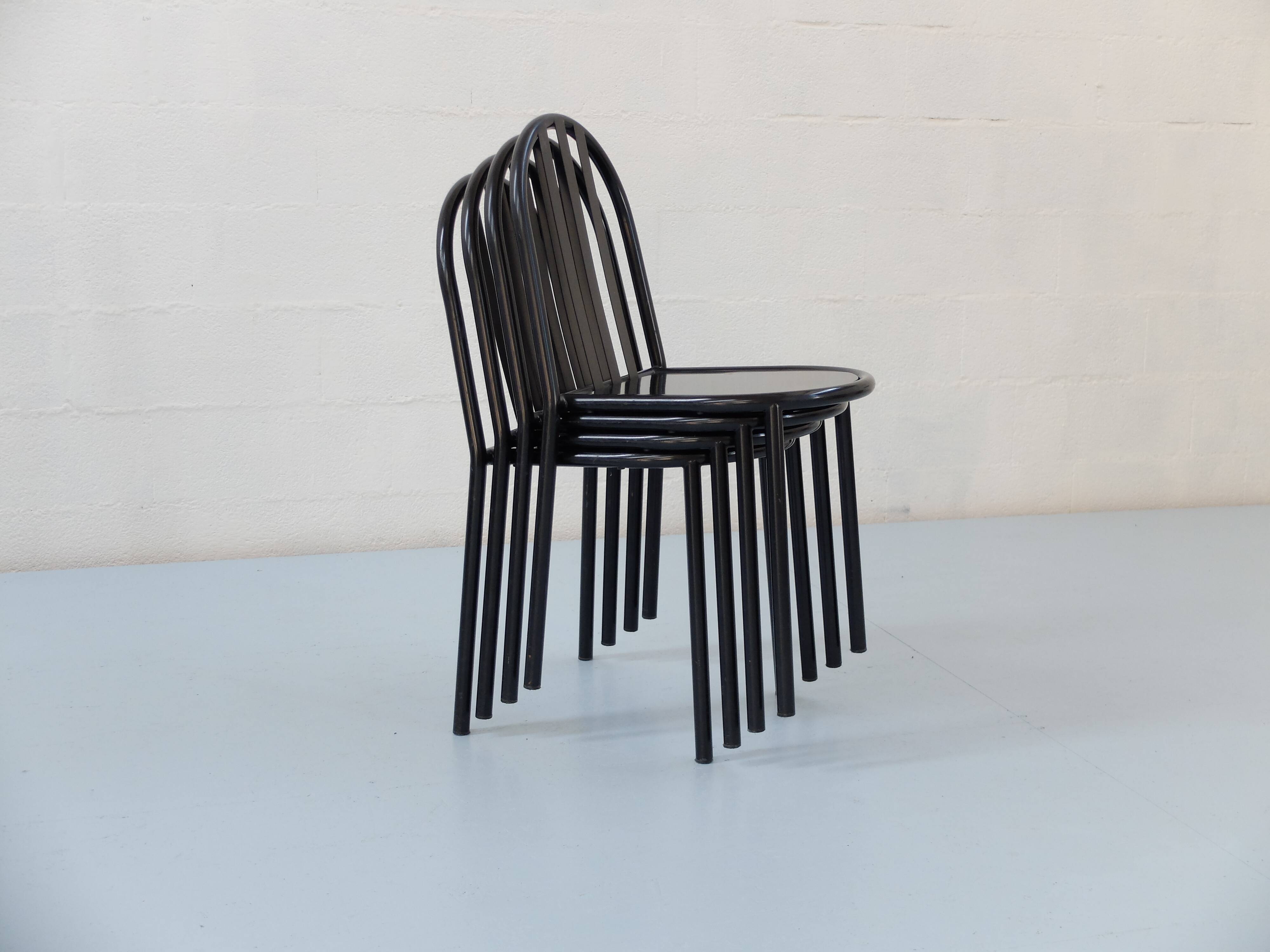 4 robert mallet-stevens black lacquered steel chairs, stamped rms ecart