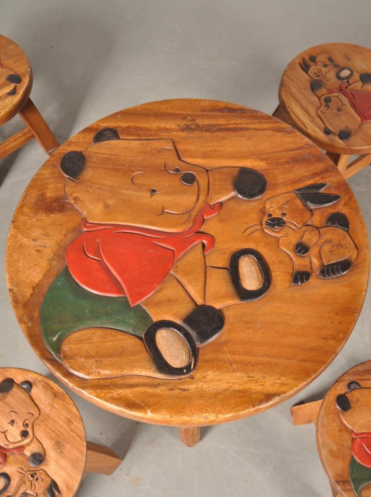 Table children and winnie The Pooh in oak stools, 1950 s