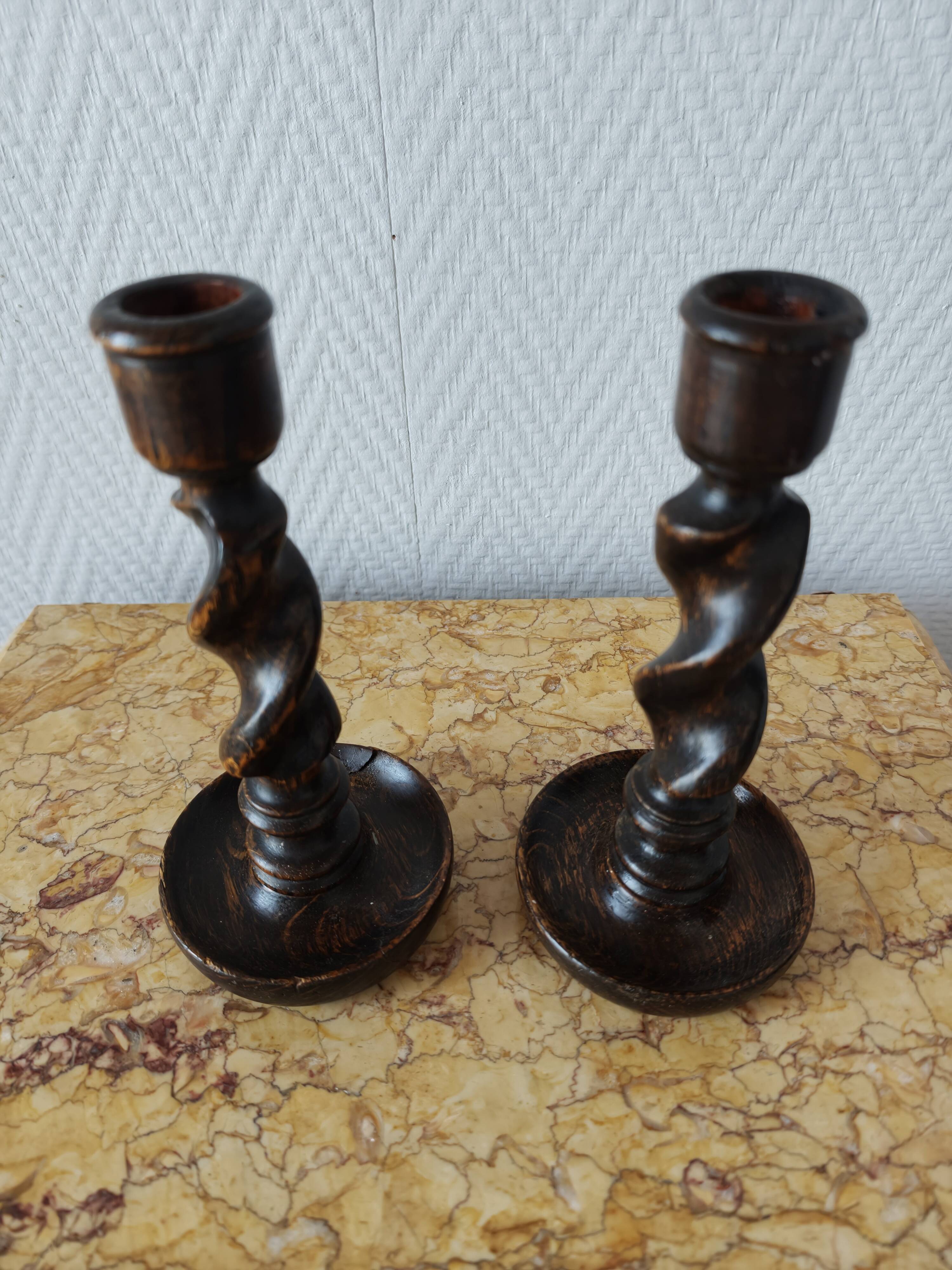 Pair of twisted wood candlesticks (Barley twist)