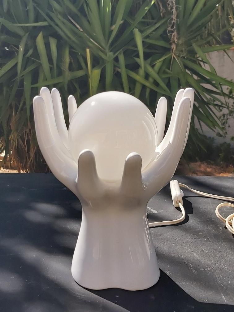 White ceramic hand lamp opaline ball 70s