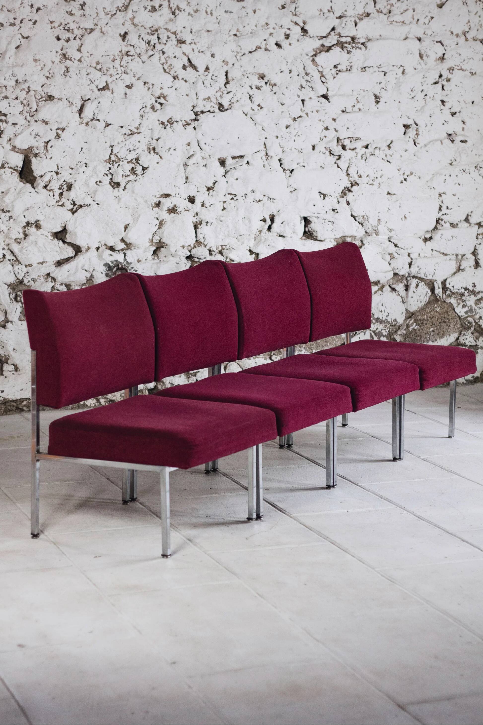 Set of 4 modernist burgundy armchairs, 1970.