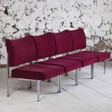 Set of 4 modernist burgundy armchairs, 1970.