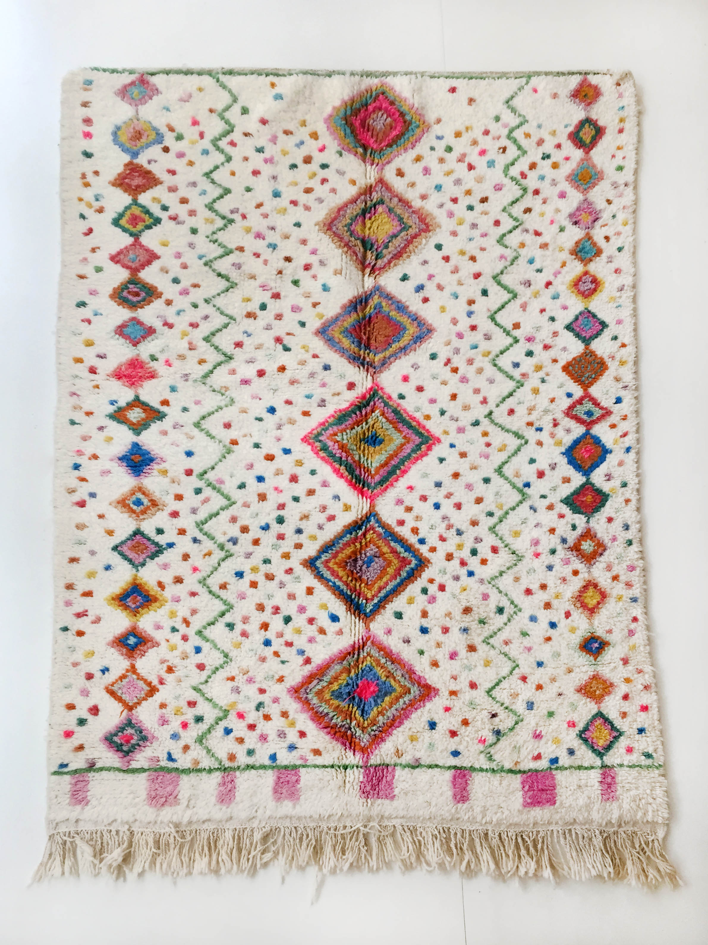 Moroccan Berber carpet azilal ecru with multicolored patterns 235x162cm