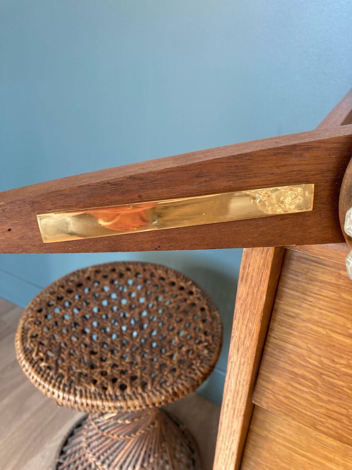 Vintage teak, brass and glass chandelier