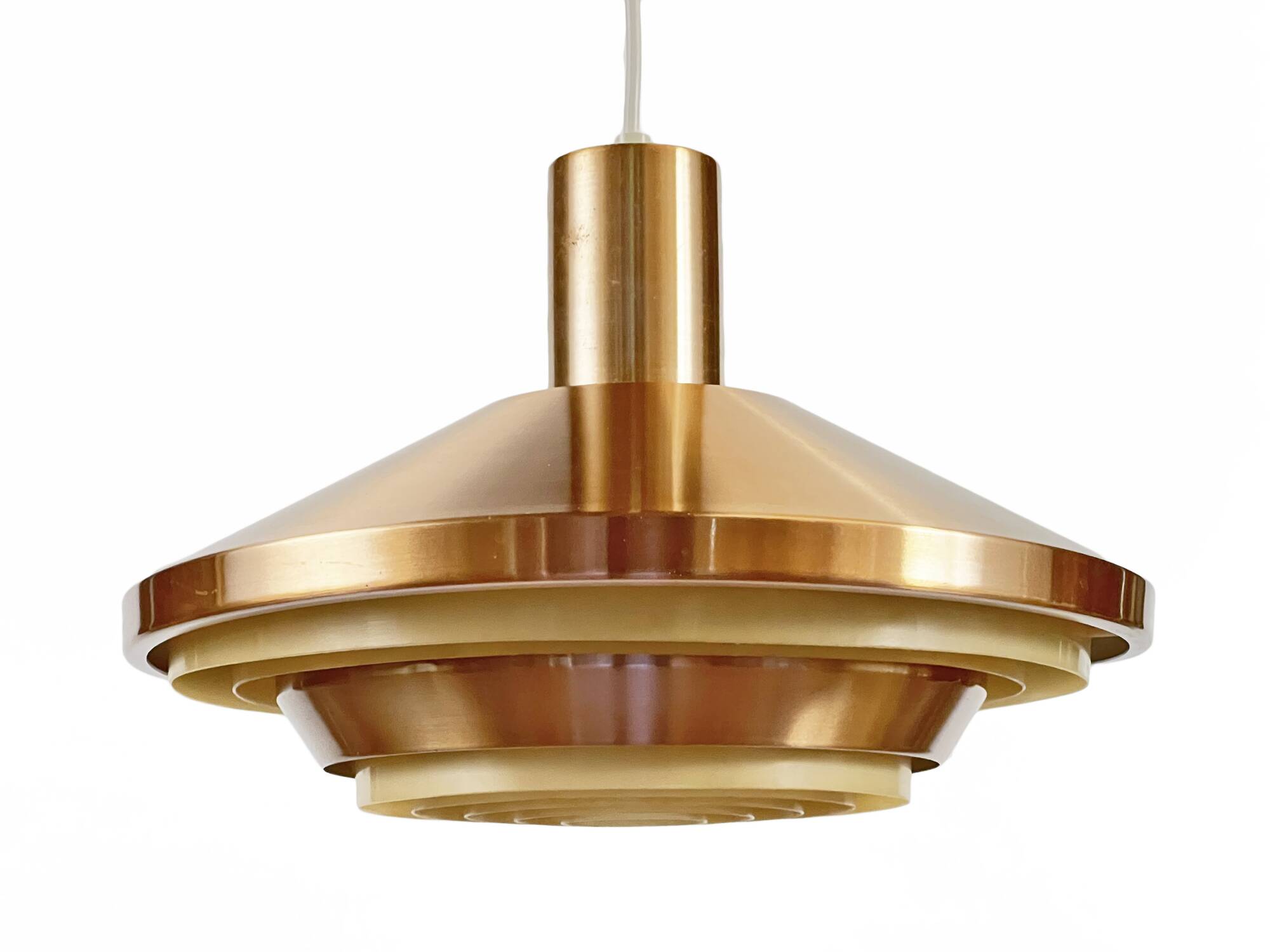 Copper colored aluminum pendant light from Lyskaer belysning. Denmark 1970s