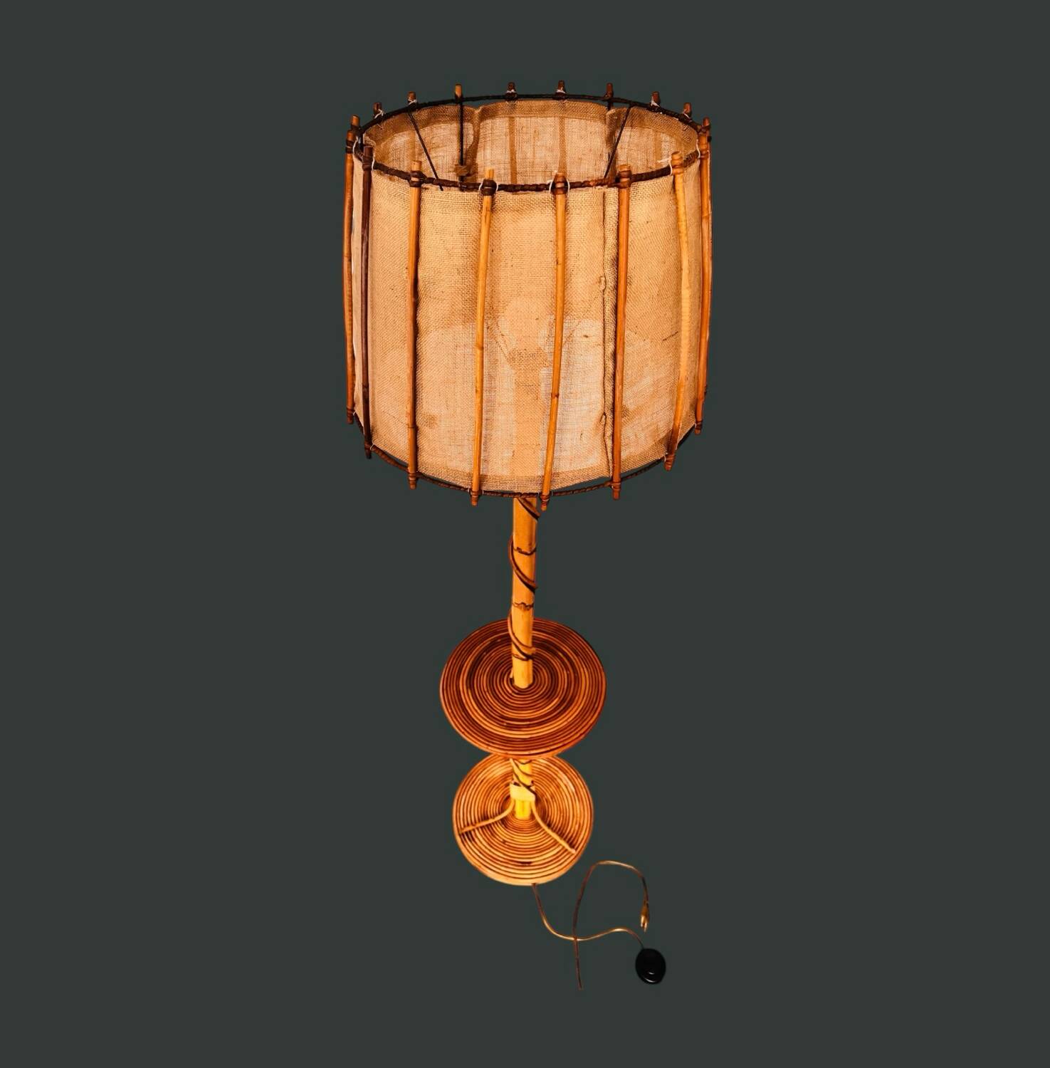 Louis Sognot vintage bamboo rattan floor lamp