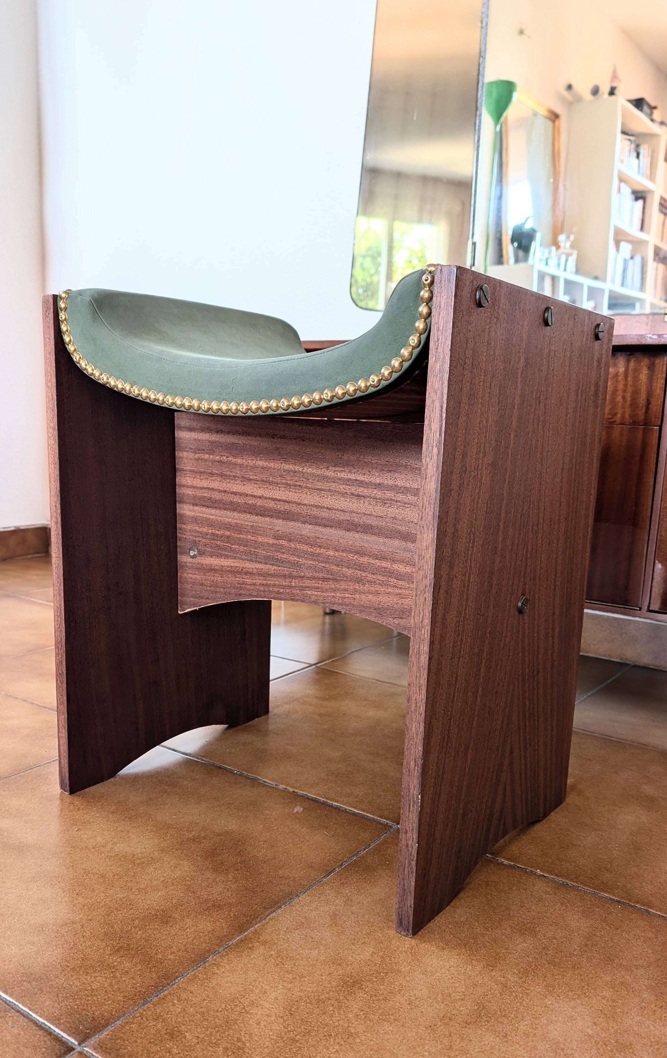 Vintage 70s dressing table with triptych mirror and matching bench.