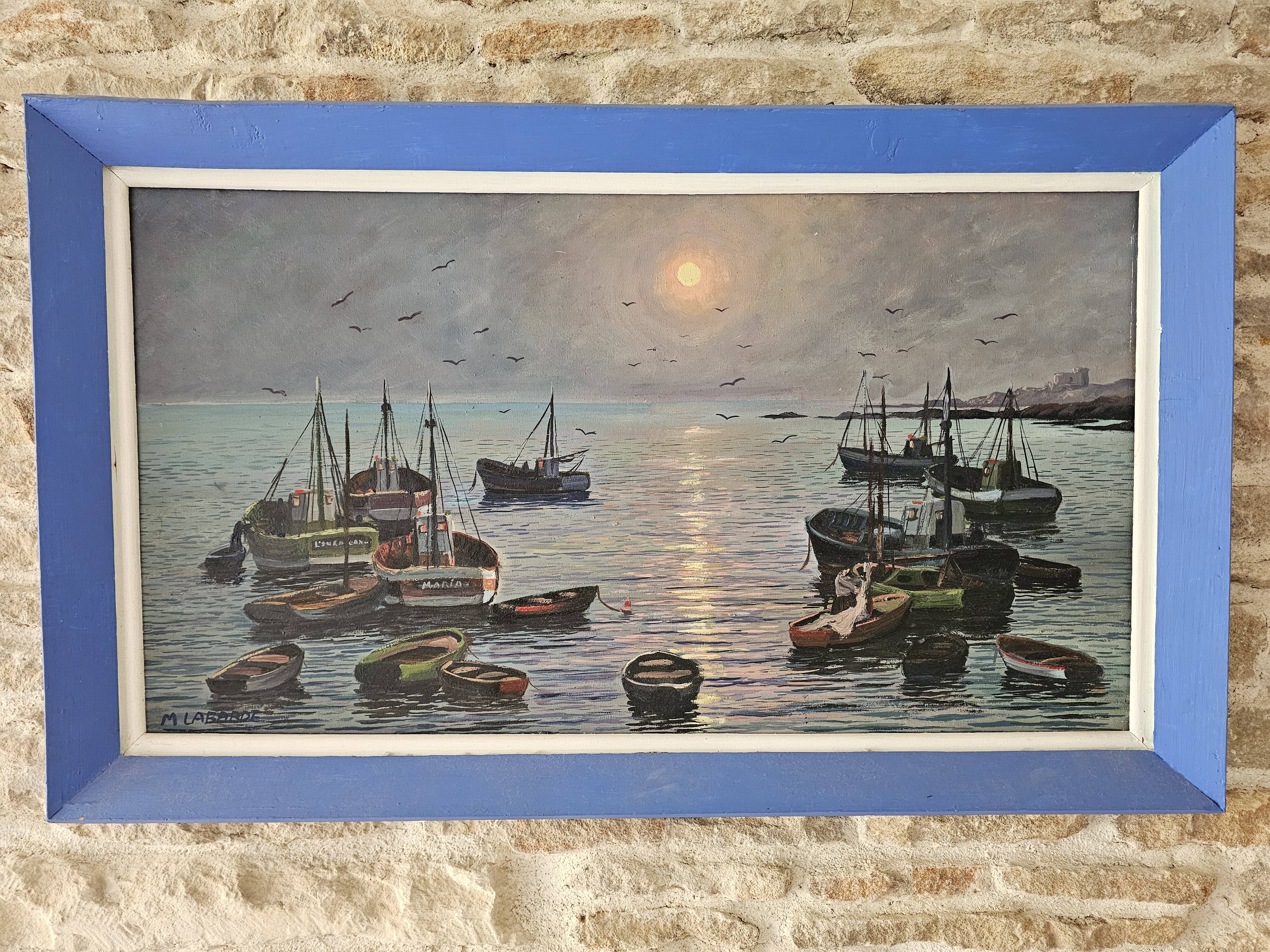 Oil painting on canvas - Marine Sailboats Signed M Labarde 54cm x 89cm