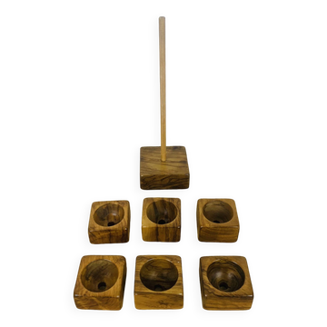 6 olive wood egg cups and their support