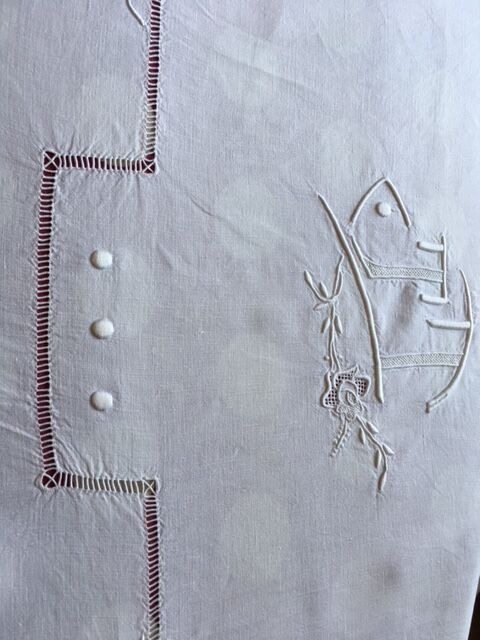 Antique linen sheet embroidered by hand and monogram t t 226 x 324