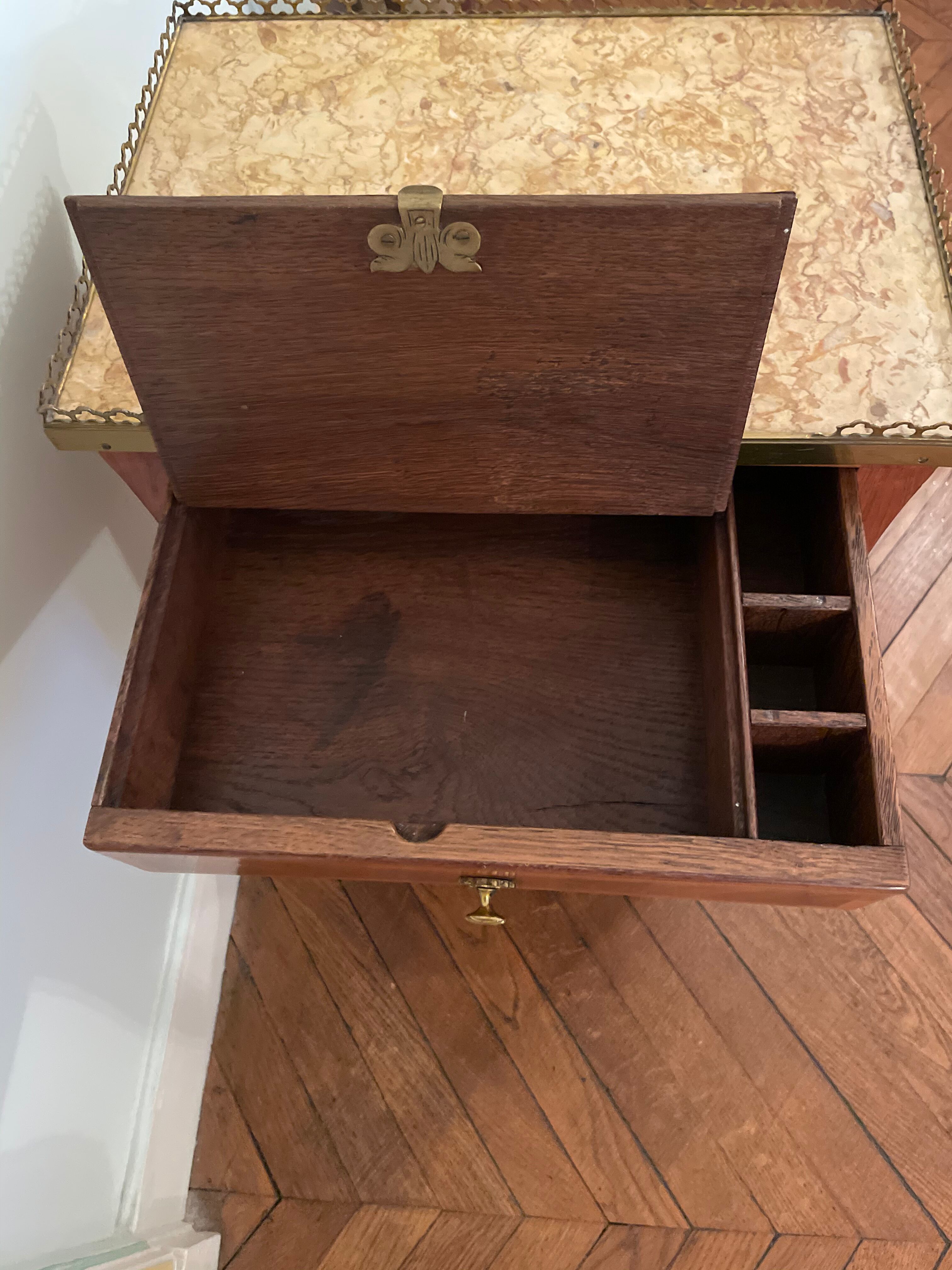 Bedside table of the 18th Louis XV period in marquetry and marble