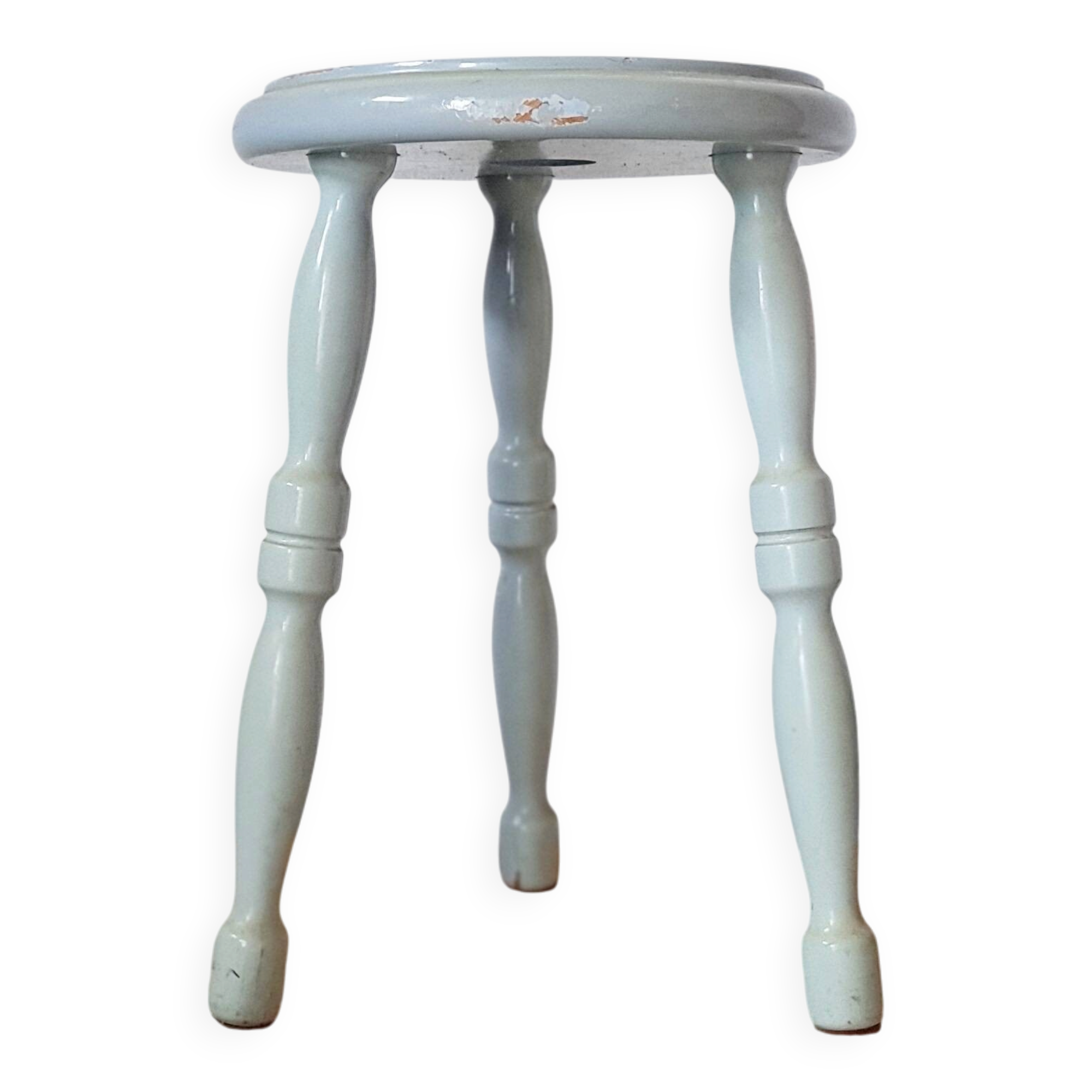Antique tripod stool made of solid wood in blue.