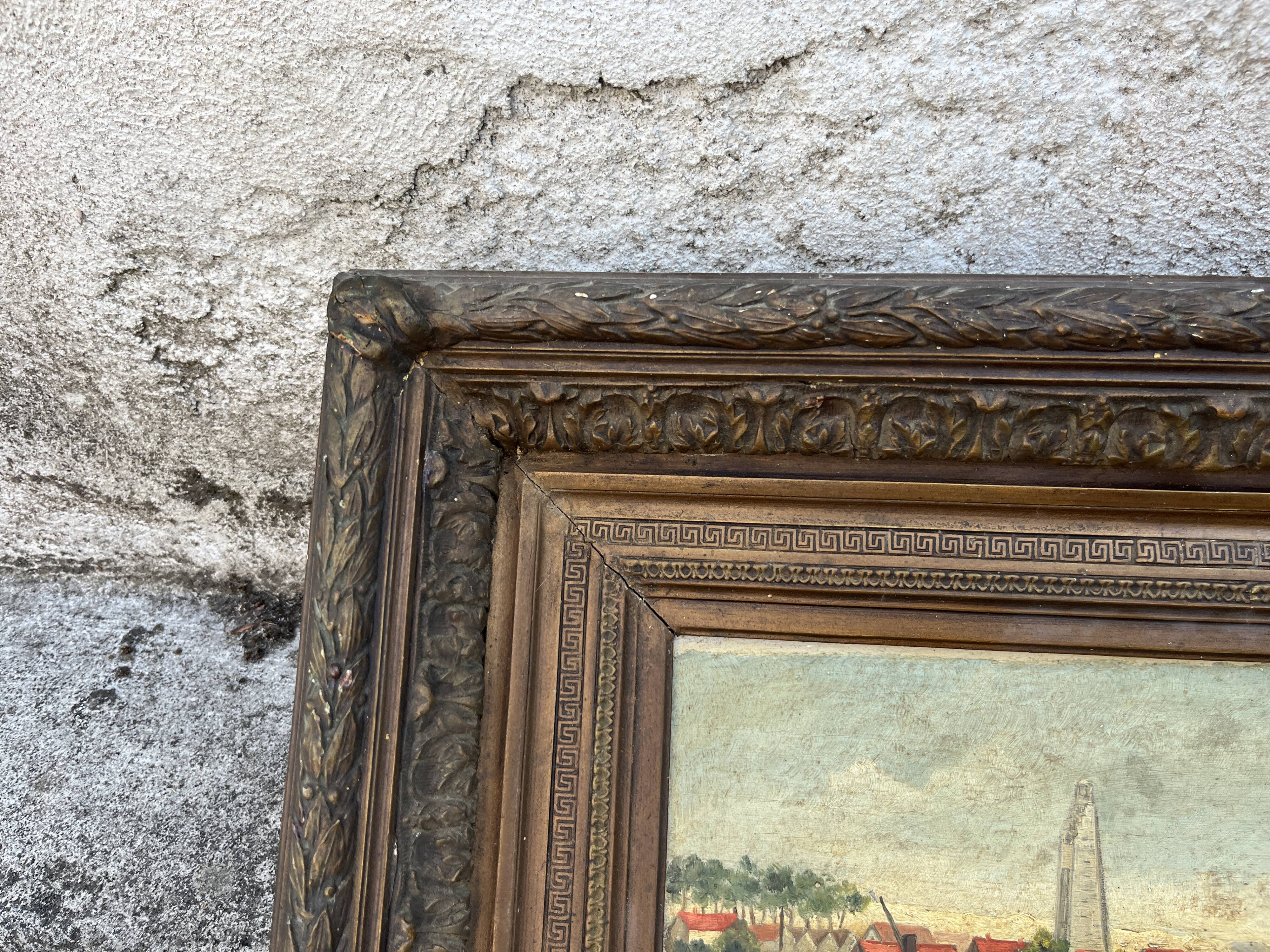 Beautiful painting of a port landscape and its old 19th century frame