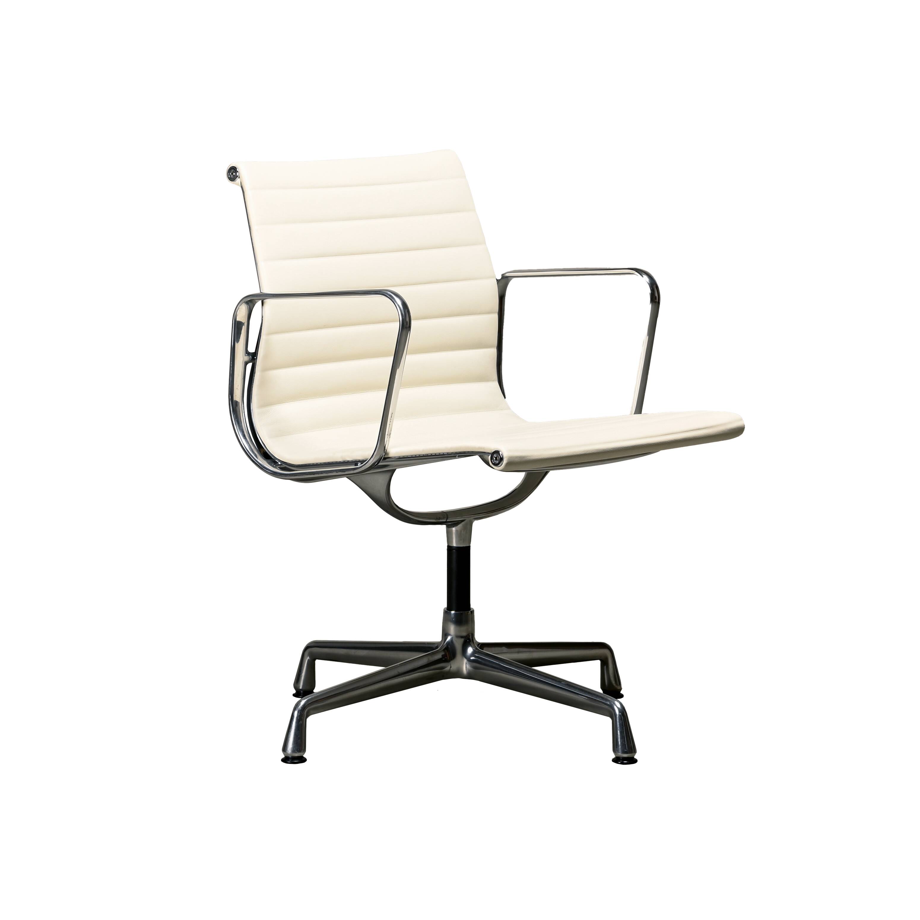 Charles & Ray Eames EA108 Dining Chair in Polished Aluminum and White leath