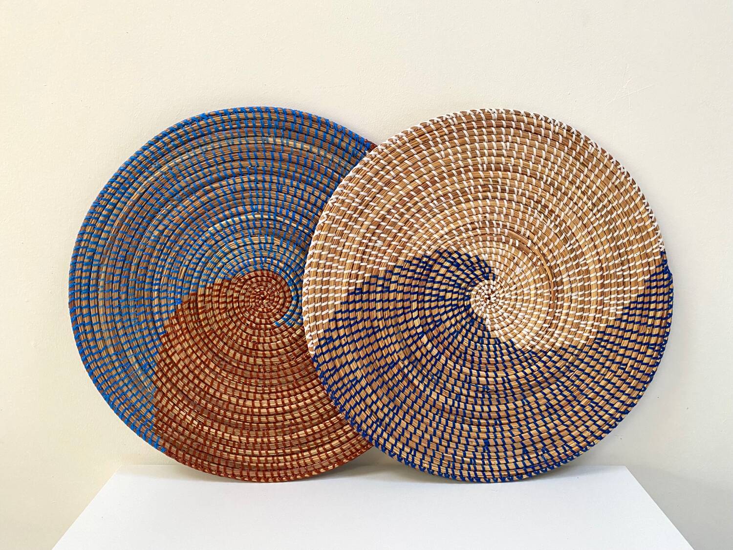 Duo of rattan trays for wall decoration