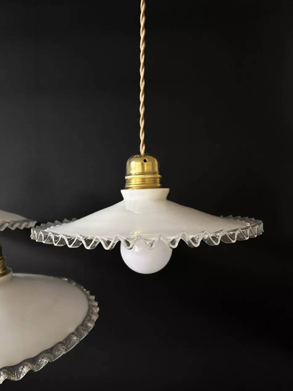 Set of 4 vintage white scalloped opaline pendants, France