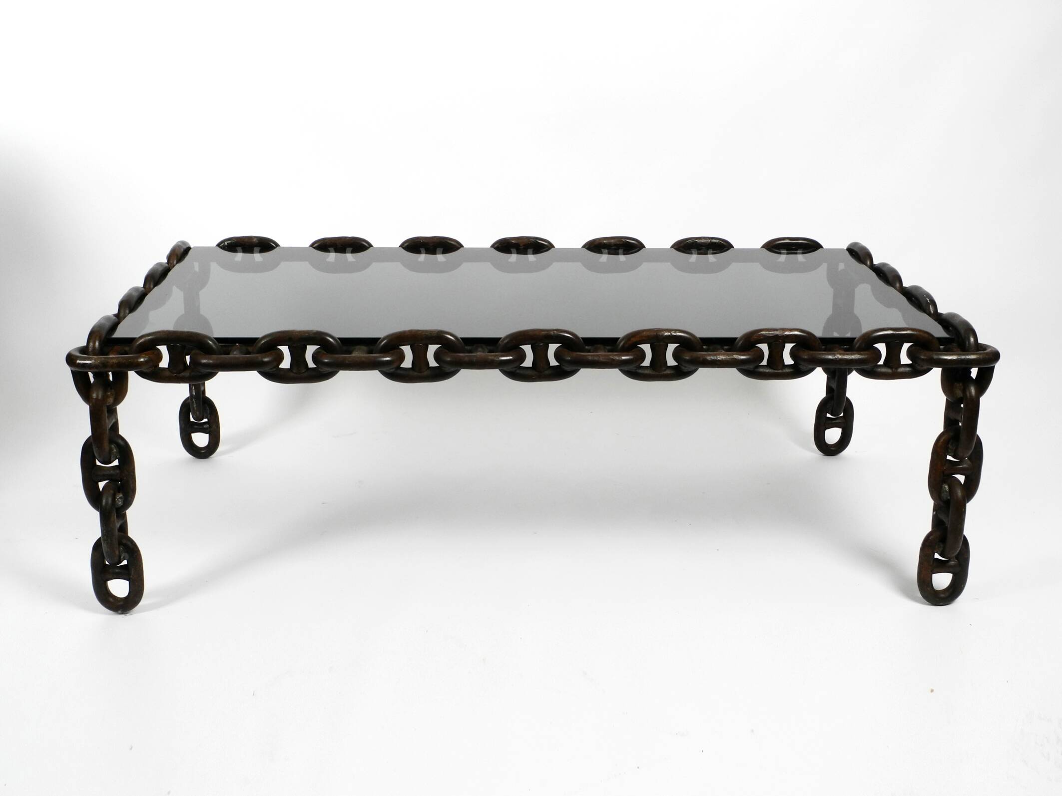 1970s XL Coffee Table Made of Nautical Iron Chain and a Thick Smoked Glass