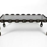 1970s XL Coffee Table Made of Nautical Iron Chain and a Thick Smoked Glass
