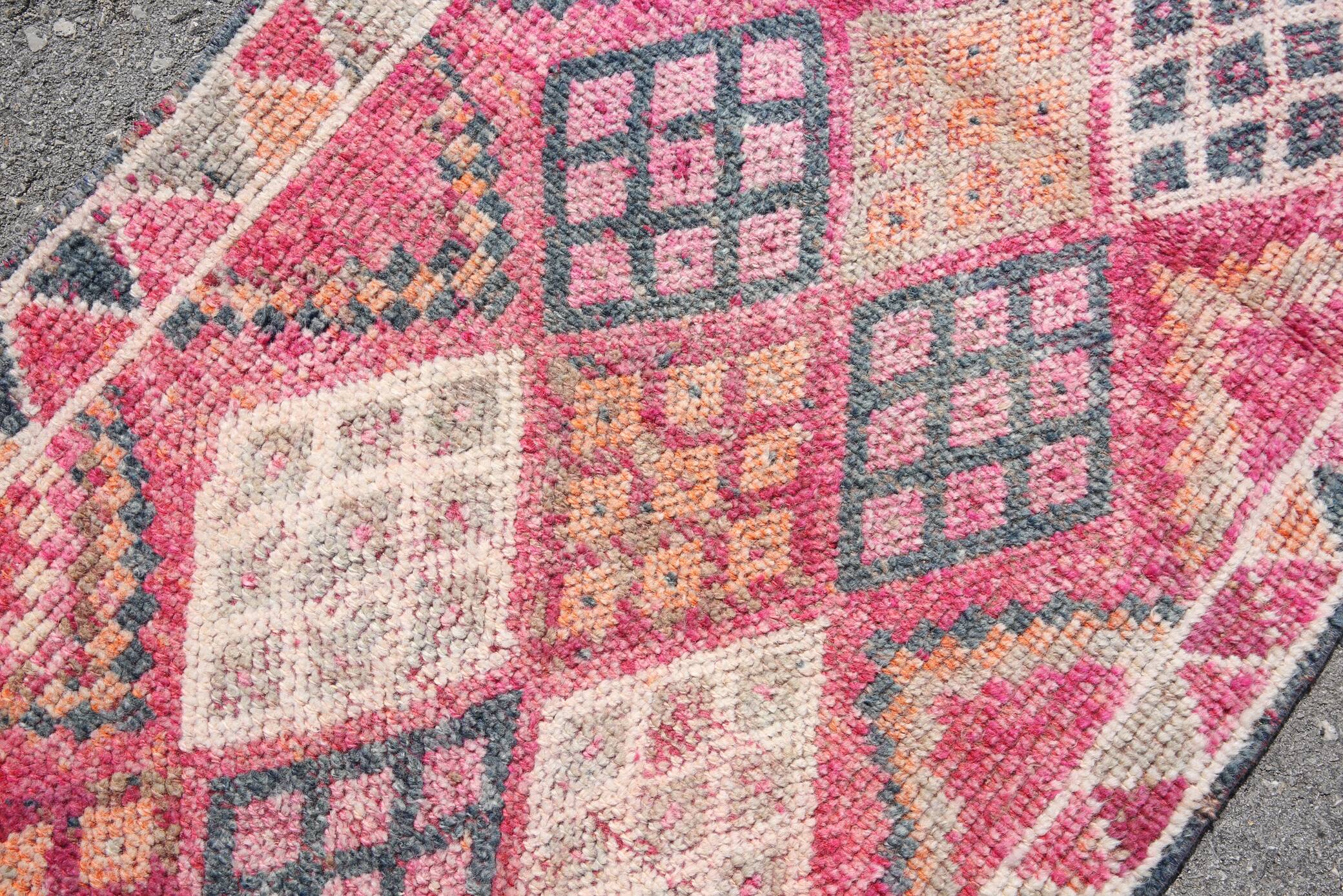 Hot Pink Turkish Runner Rug, Vintage Boho Hallway Carpet, 83x353 Cm