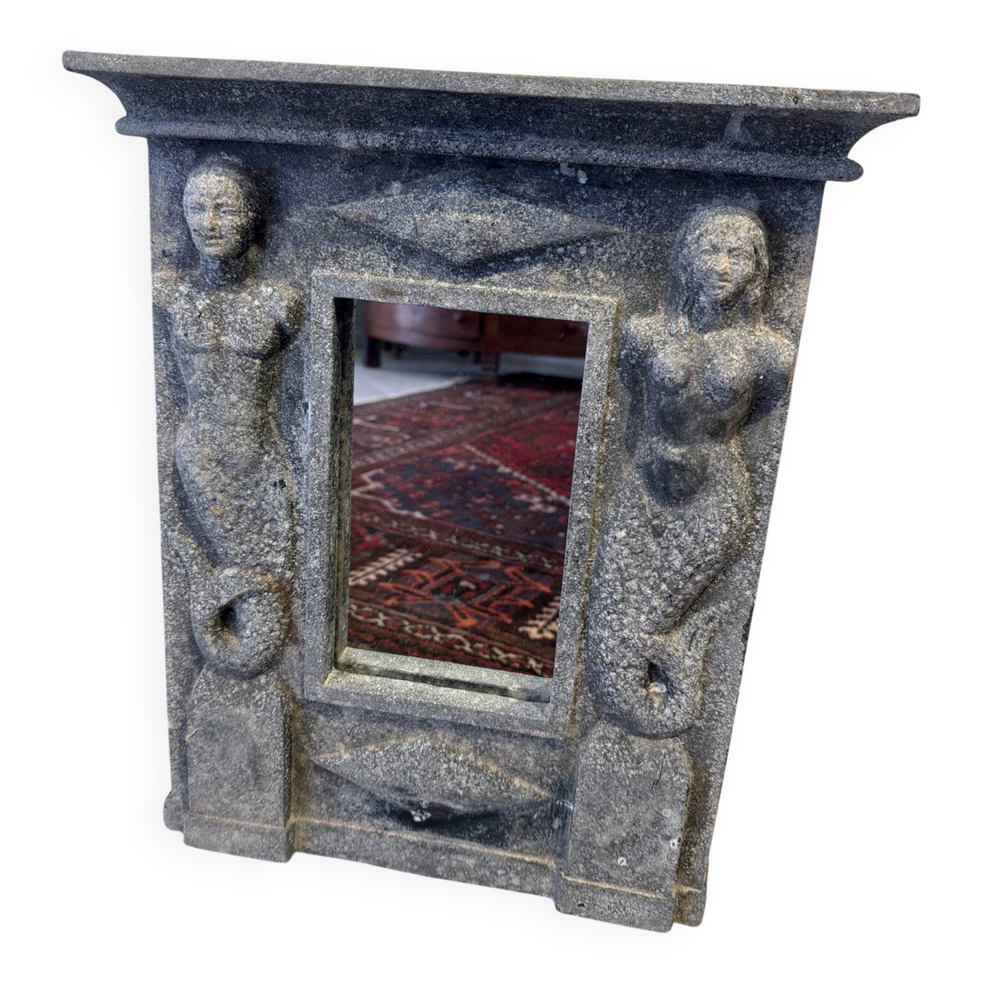 Antique mirror in sculpted slate with caryatids – 19th century