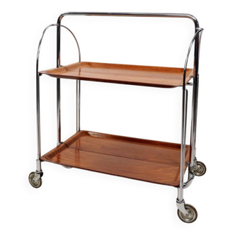 Chrome-plated metal and plywood serving trolley