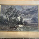 Watercolor by the painter Henri Jobert (1873 - ?), Landscape by Moonlight.