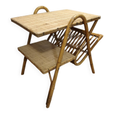 Vintage coffee table in rattan & wicker – Vinyl record player & storage cabinet
