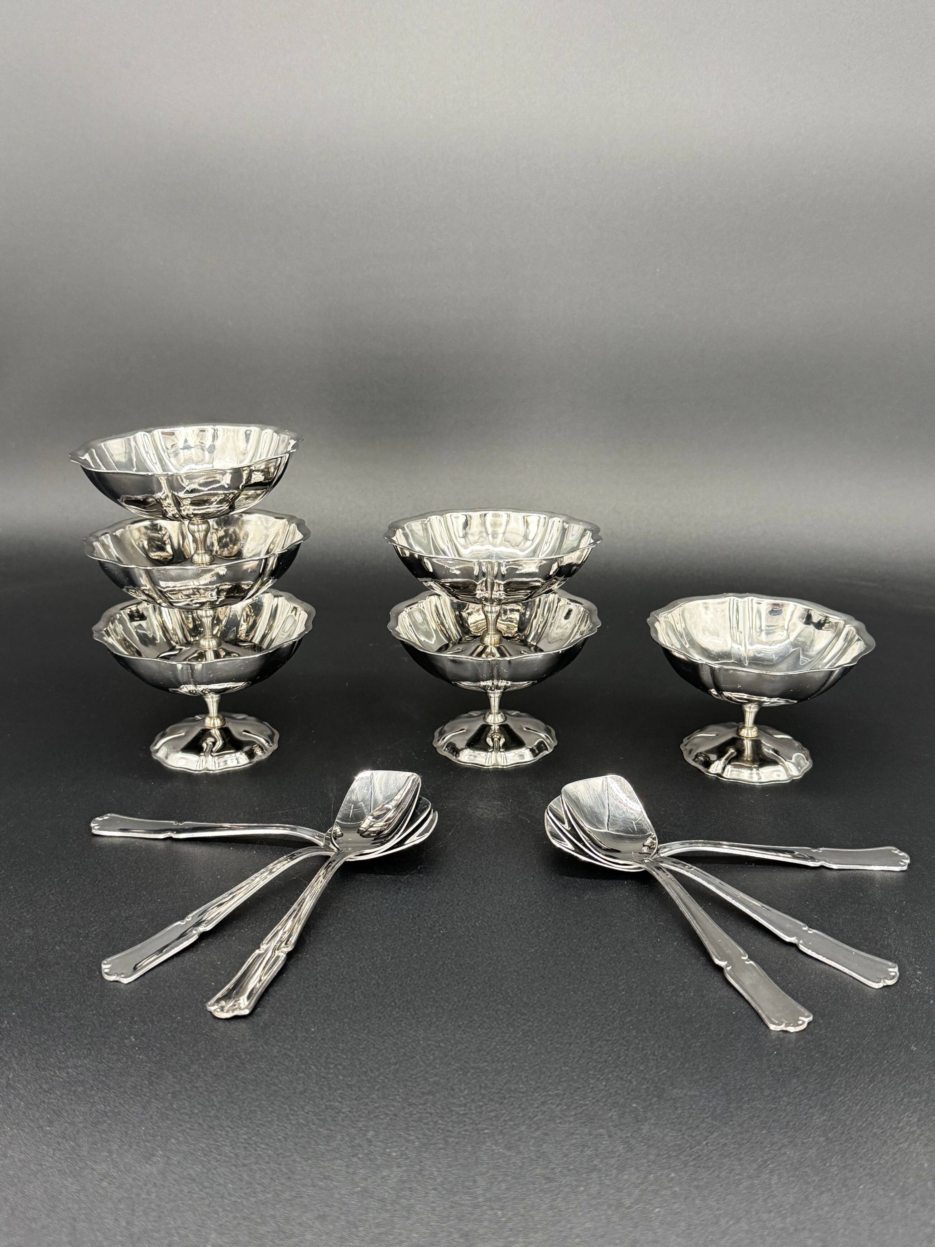 Set of 6 vintage stainless steel bowls with spoons