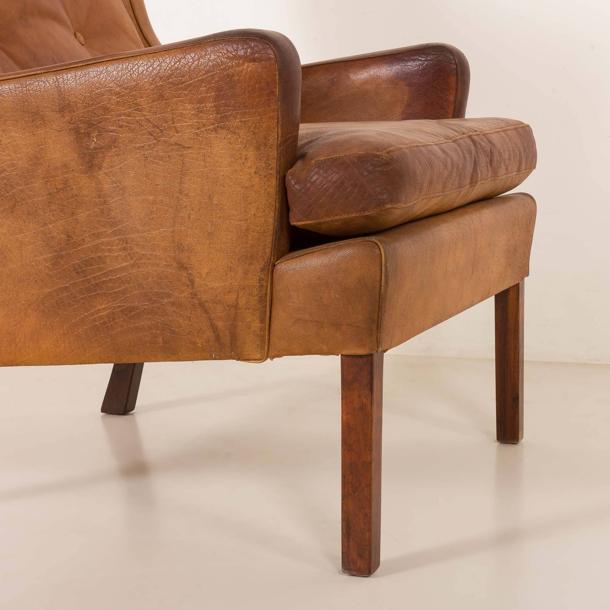 Fauteuil danois vintage en cuir de buffle, style Børge Mogensen, années 1960.