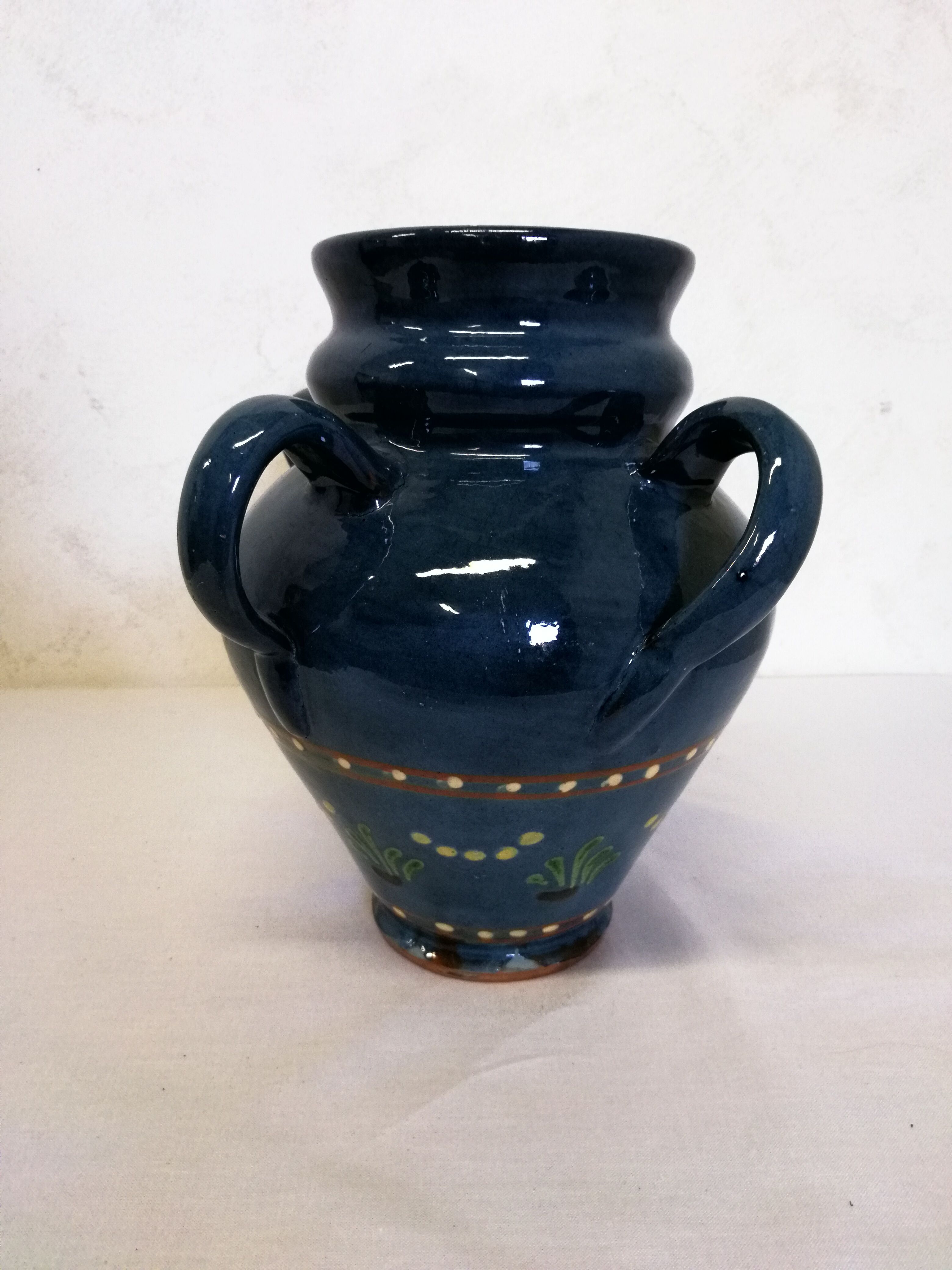 Vase,varnished stoneware pot with 4 handles