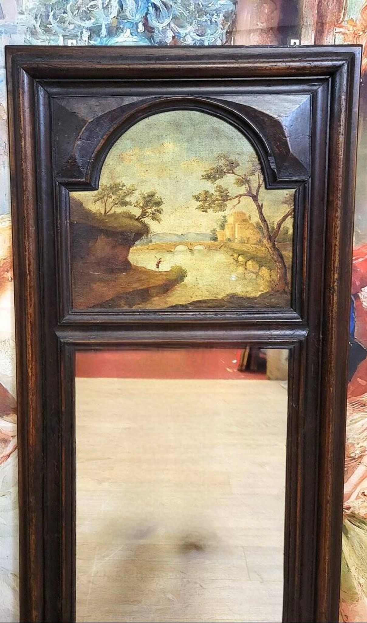 natural wood trumeau with oil painting on panel