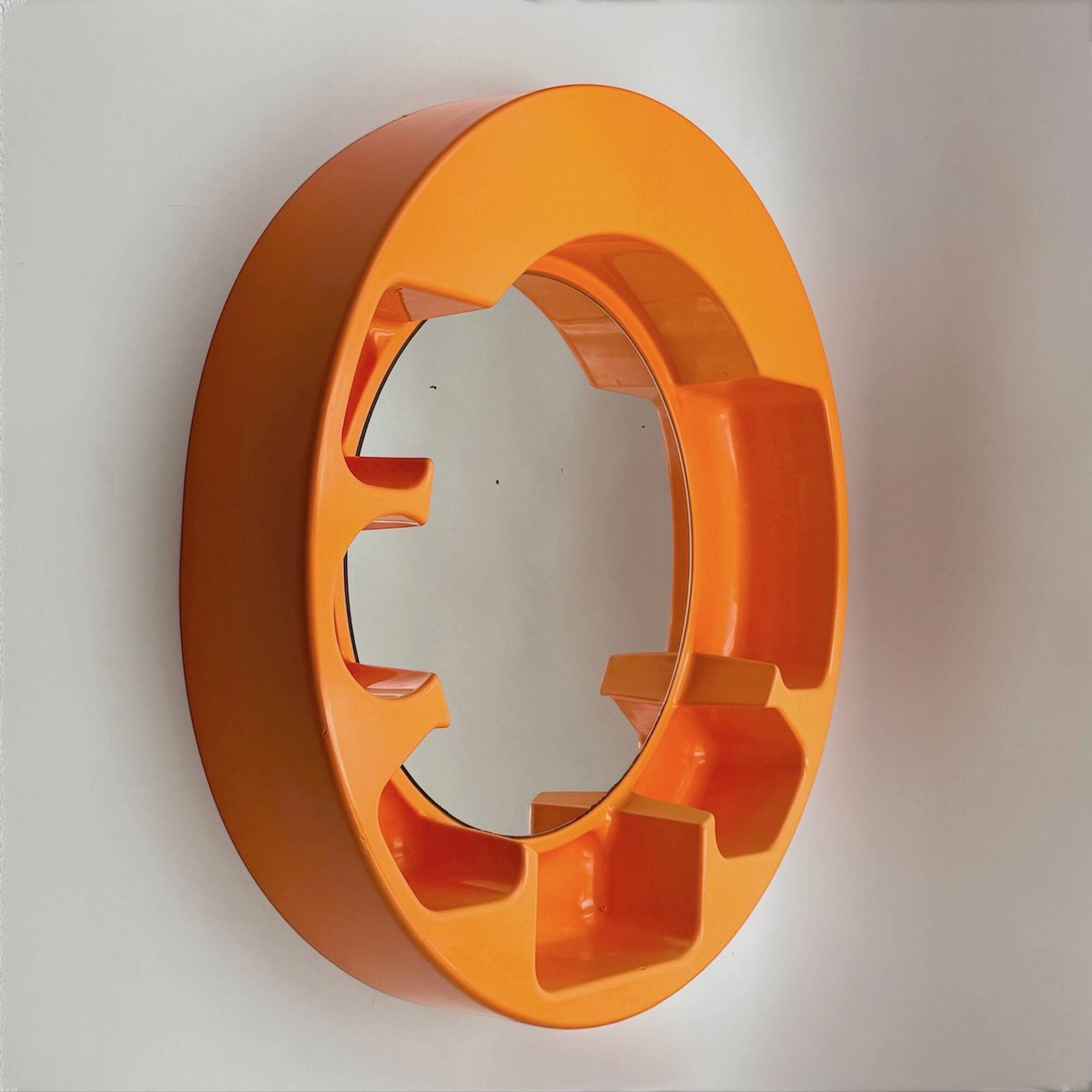 Space Age Orange Wall Mirror with Built-in Shelves 1970s