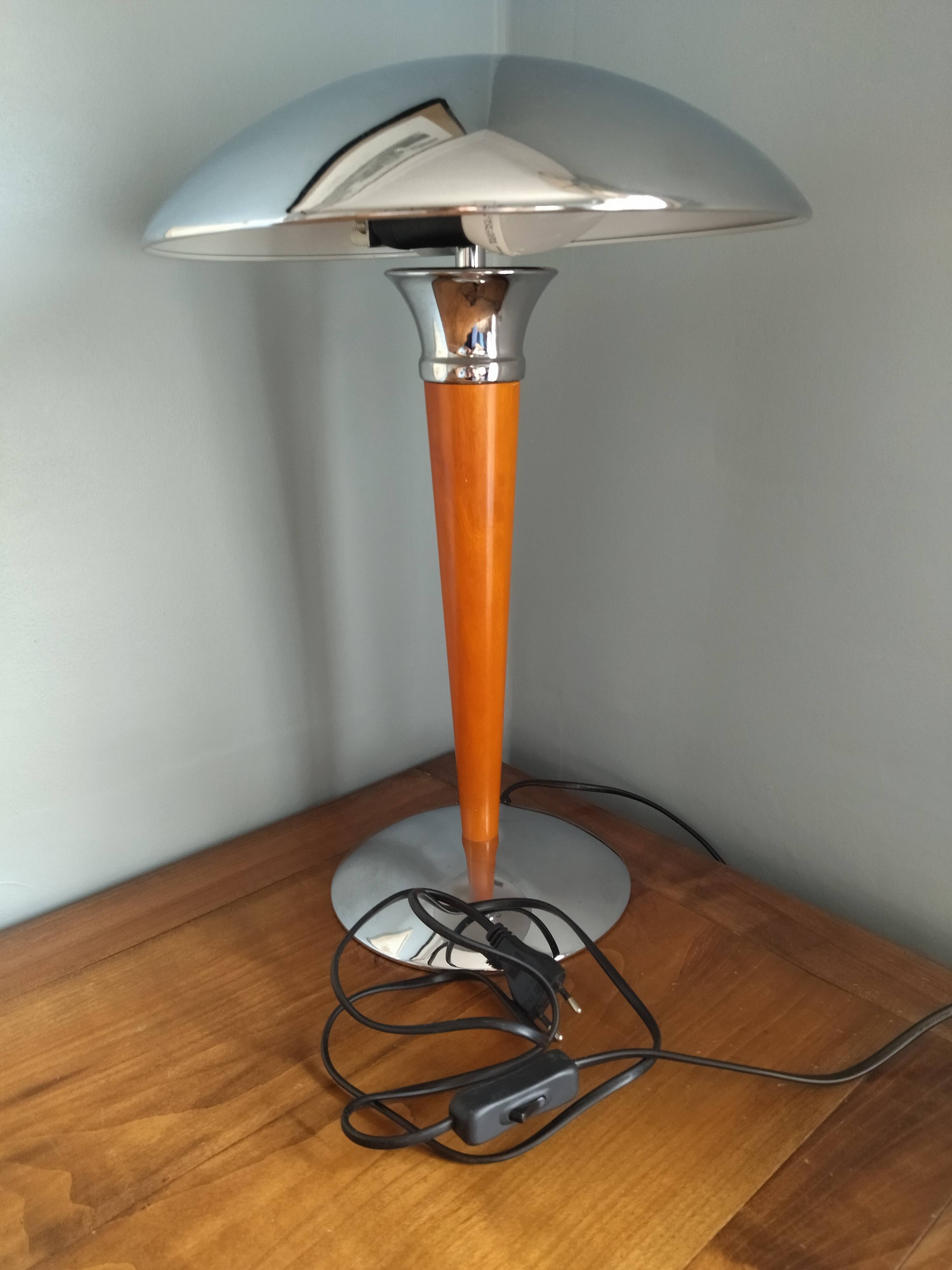 Mushroom lamp/ocean liner in chromed metal and vintage wood
