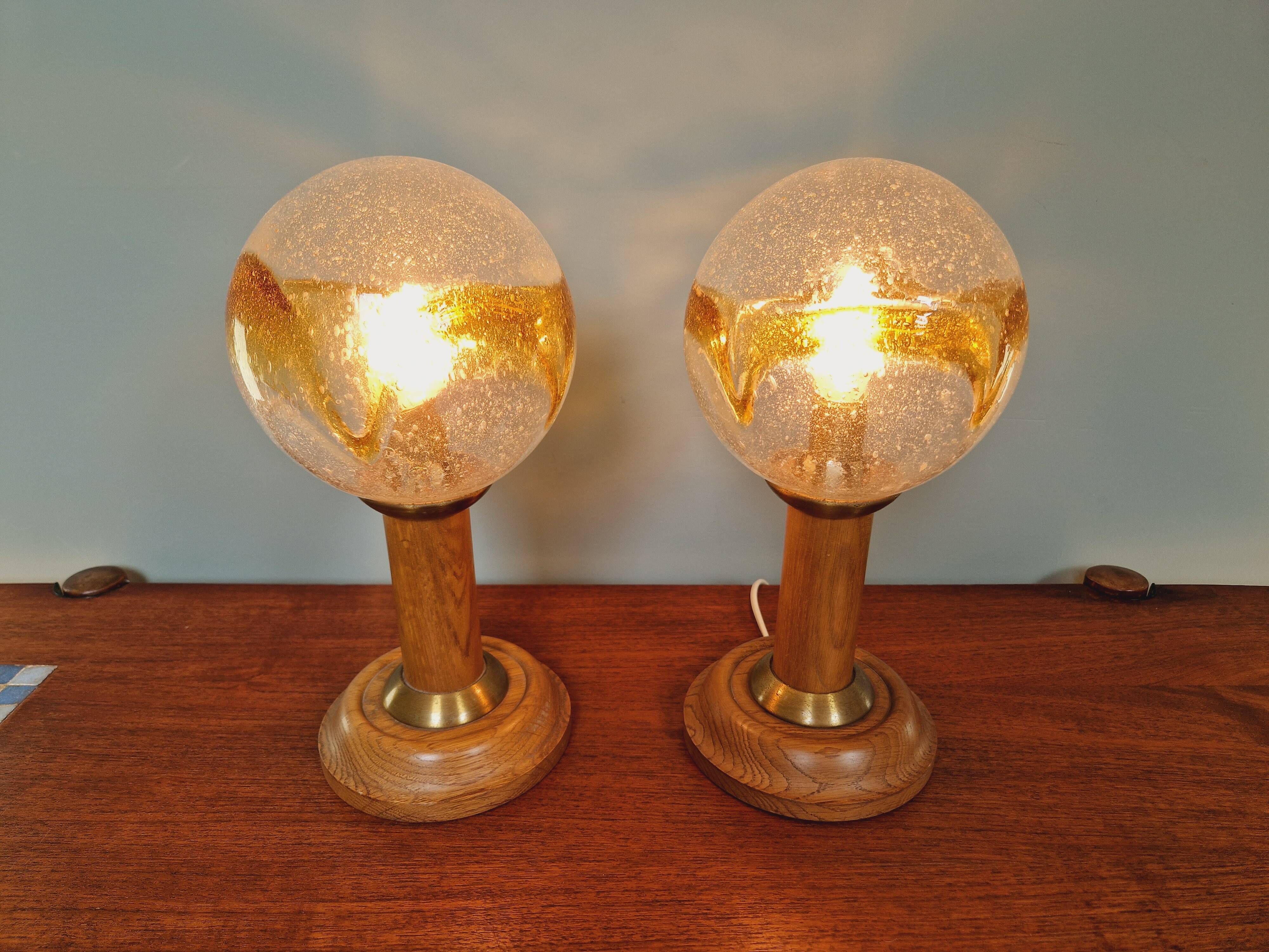 Pair of wooden and blown glass lamps, Honsel Leuchten, 1970s