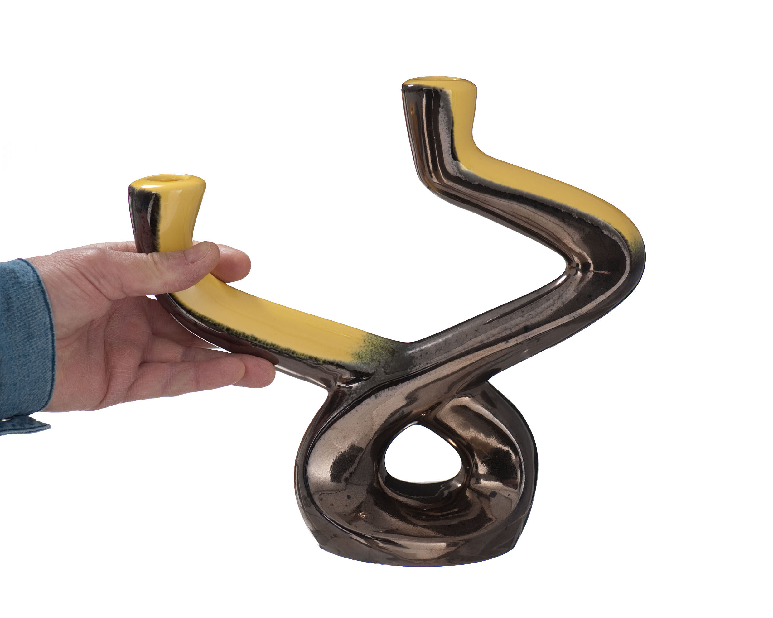 Vintage ceramic candle holder yellow and black Ceramidi Vallauris 1950