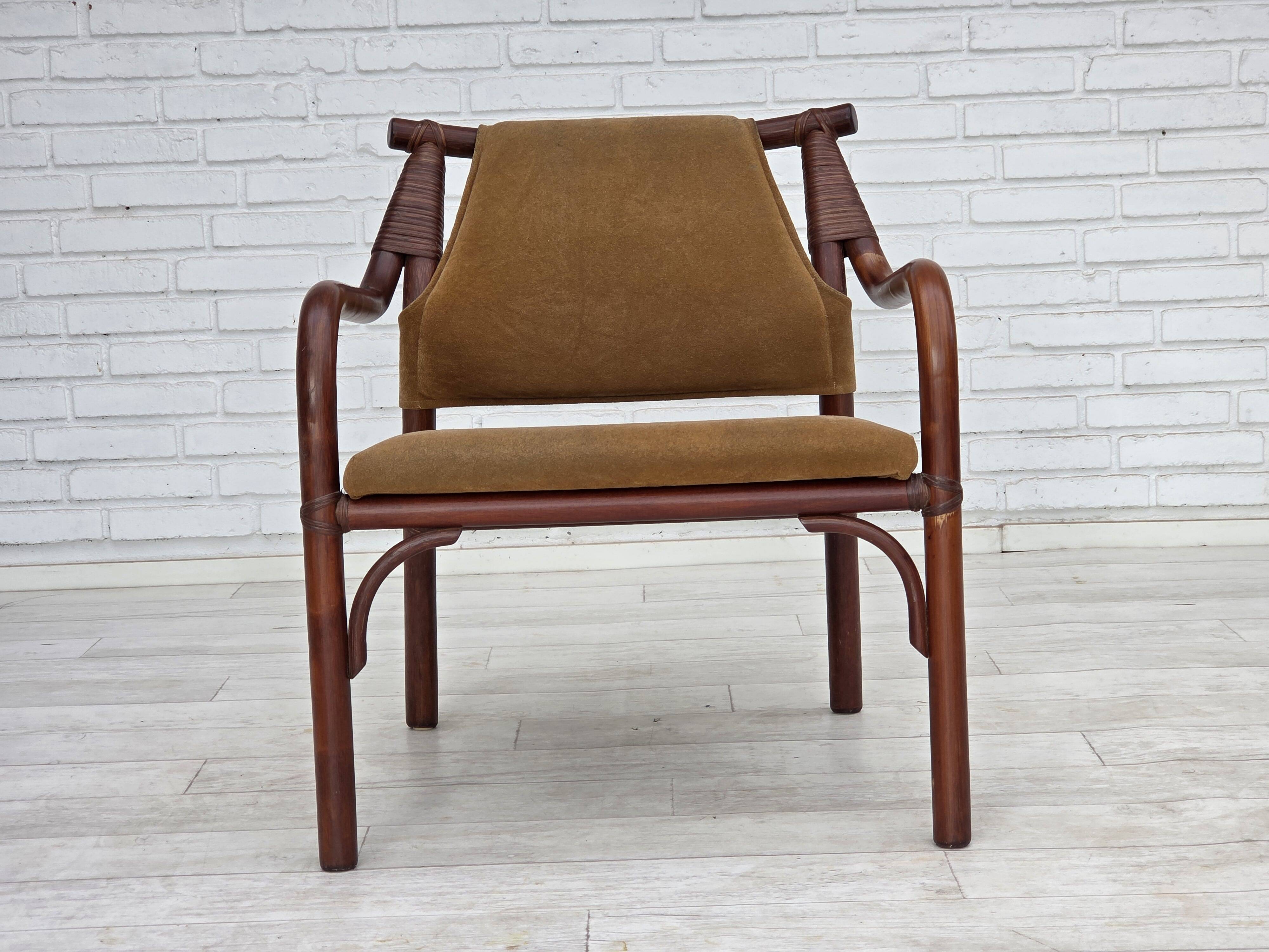 1970s, Danish coffee armchairs with table, rattan, nubuck fabric.