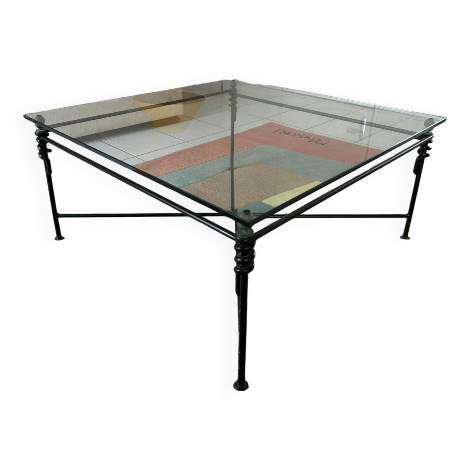 Large wrought iron and glass coffee table by Jacques Ducru