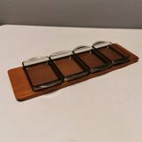 Teak Cabaret tray with four smoke coloured glass bowls, Danish and produced by Wiggers 1970s.