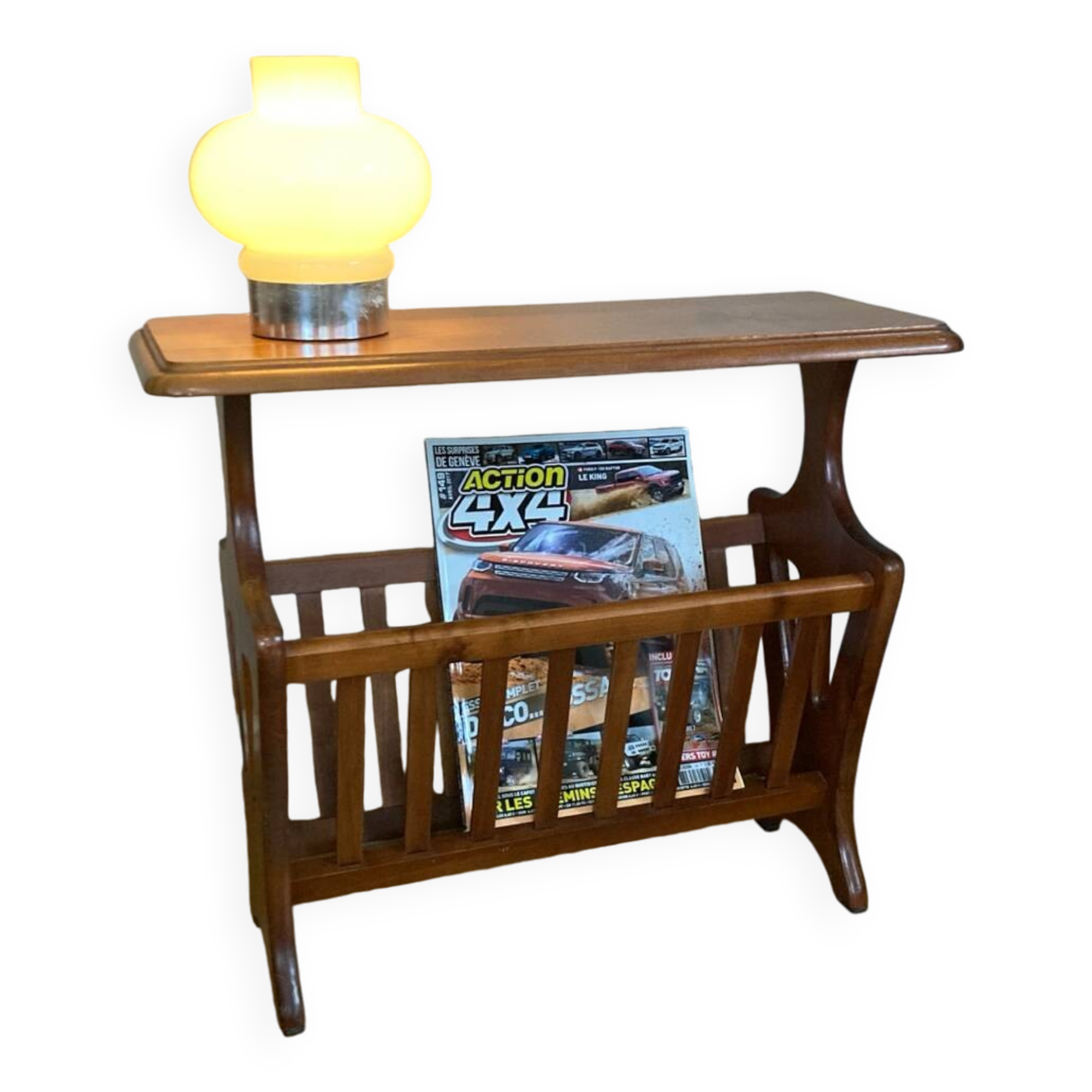 Vintage magazine rack with shelf, Solid cherry wood side table from the 1990s