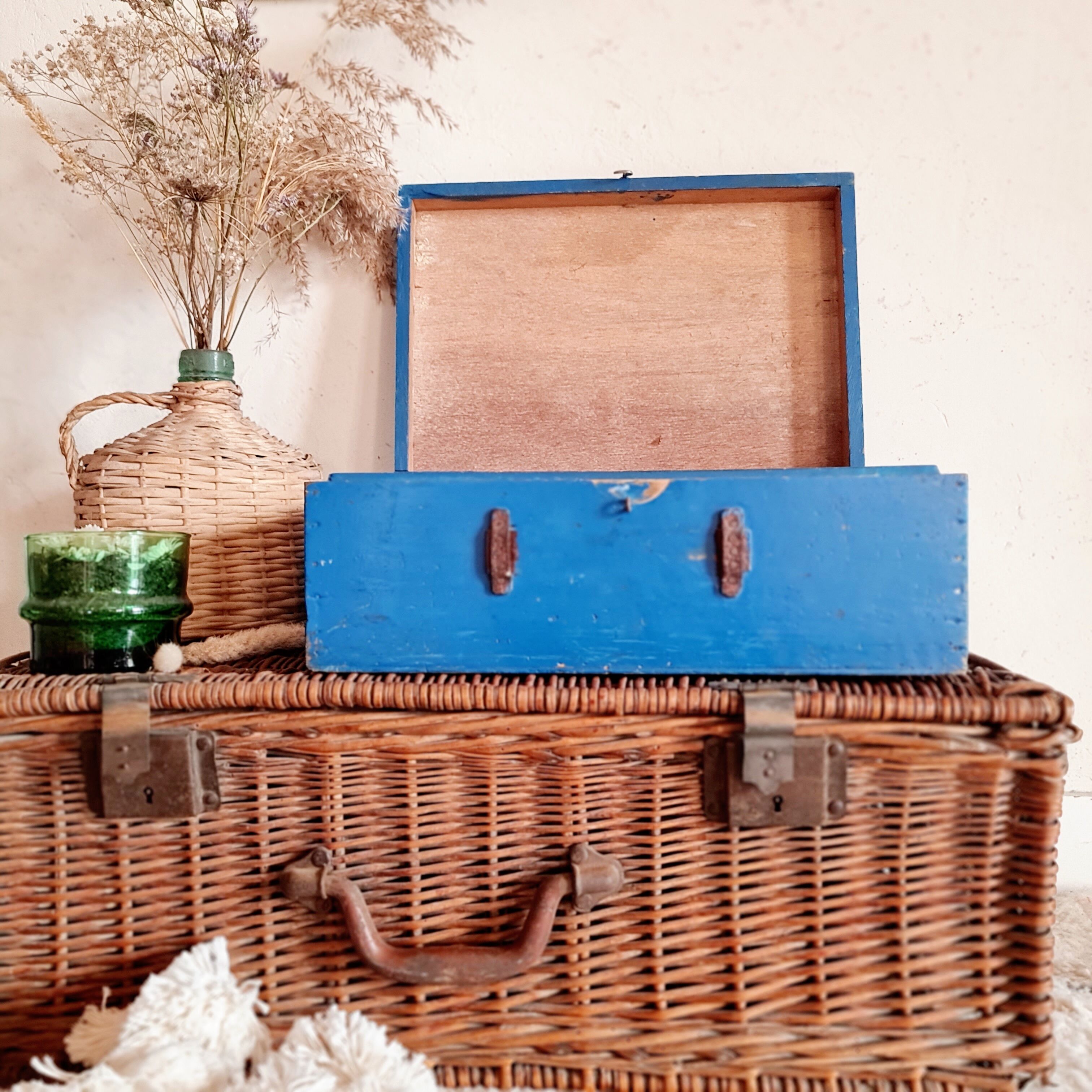 Blue old wooden trunk